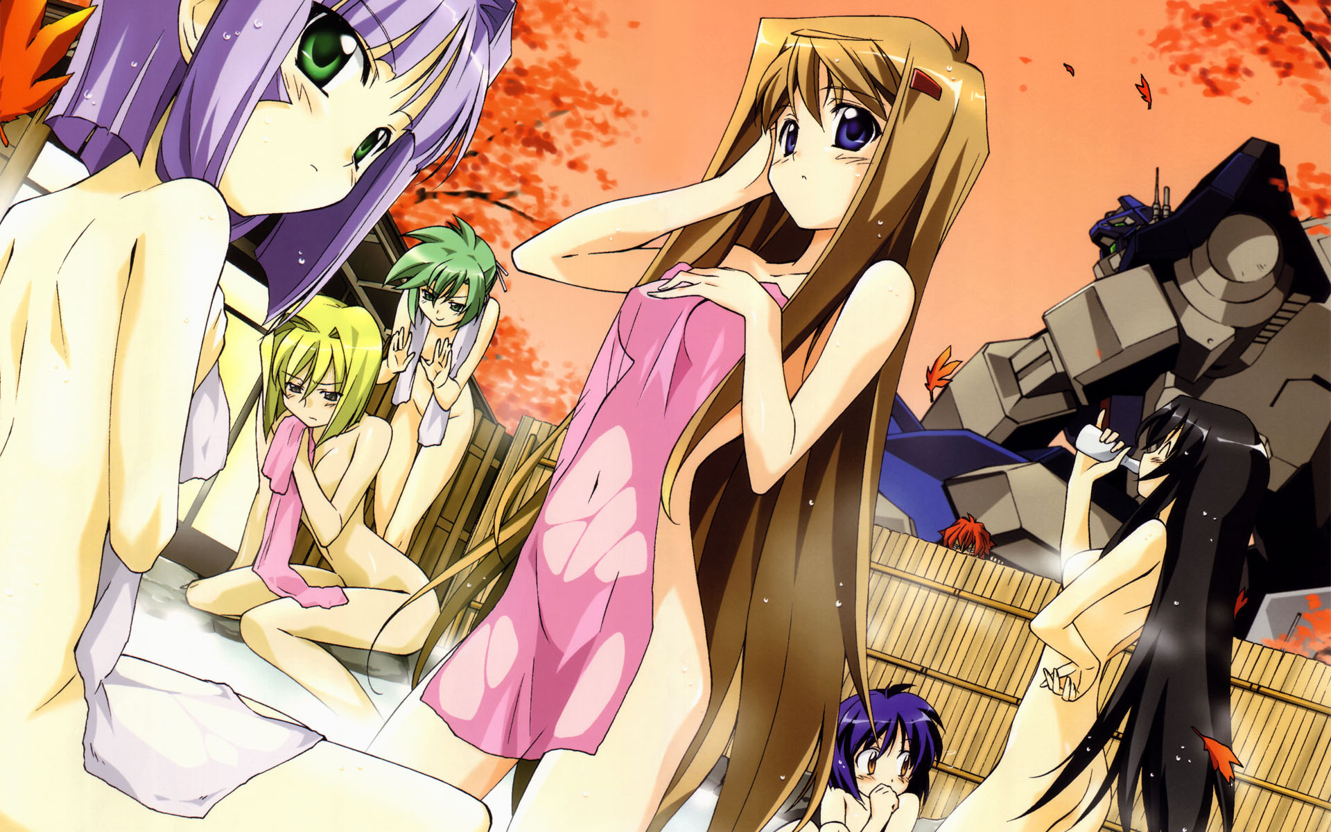 tsunashima shirou, elnie tachibana, hiiragi akao, kawamoto satsuki, kousaka minami, kousaka rui, mel j vanette, tsuzaki aoba, dengeki moeoh, jinki, highres, long image, wide image, 00s, 6+girls, ^ ^, arched back, ass, autumn, autumn leaves, back, black hair, blonde hair, blue eyes, blunt bangs, blush, bottle, breast suppress, brown eyes, brown hair, censored, closed eyes, convenient censoring, covering privates, drink, drinking, dutch angle, everyone, fence, fingernails, green eyes, green hair, hair between eyes, hair intakes, hand in own hair, hand on own hip, happy, hip focus, knees, leaf, legs, long hair, looking at another, looking at viewer, looking back, looking down, mecha, multiple girls, naked towel, navel, nude, nude cover, onsen, orange eyes, orange sky, outdoors, peeking, petals, plant, purple eyes, purple hair, robot, see-through clothes, short hair, sitting, sky, smile, sneaking, soaking feet, standing, steam, surprised, thigh gap, thighs, towel, tree, very long hair, water, wet, wet hair