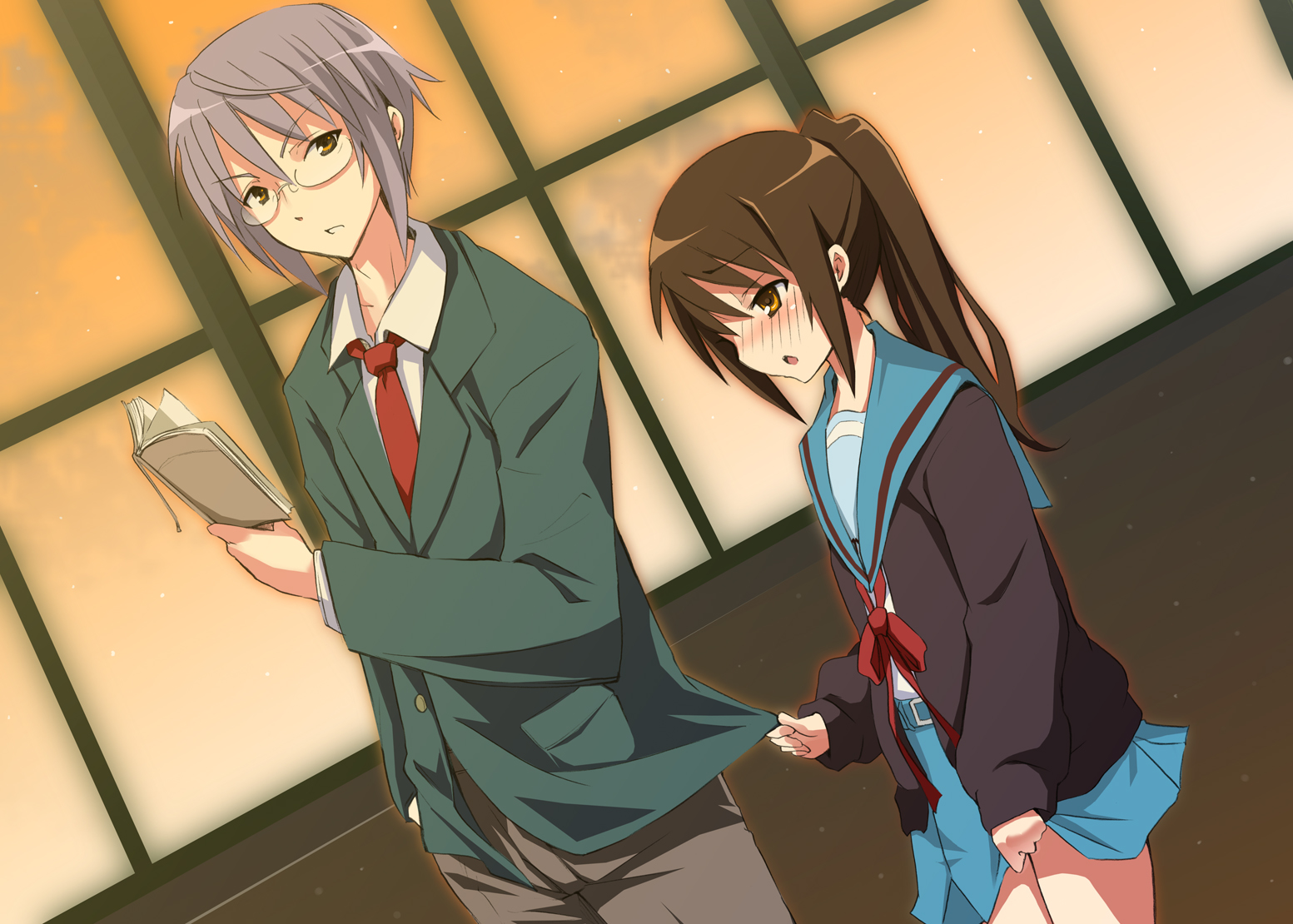 kishiri toworu, miyao ryuu, kyonko, nagato yuki, nagato yuuki, suzumiya haruhi no yuuutsu, bad id, bad pixiv id, 00s, 1boy, 1girl, cardigan, genderswap, genderswap (ftm), genderswap (mtf), glasses, ponytail, school uniform, serafuku
