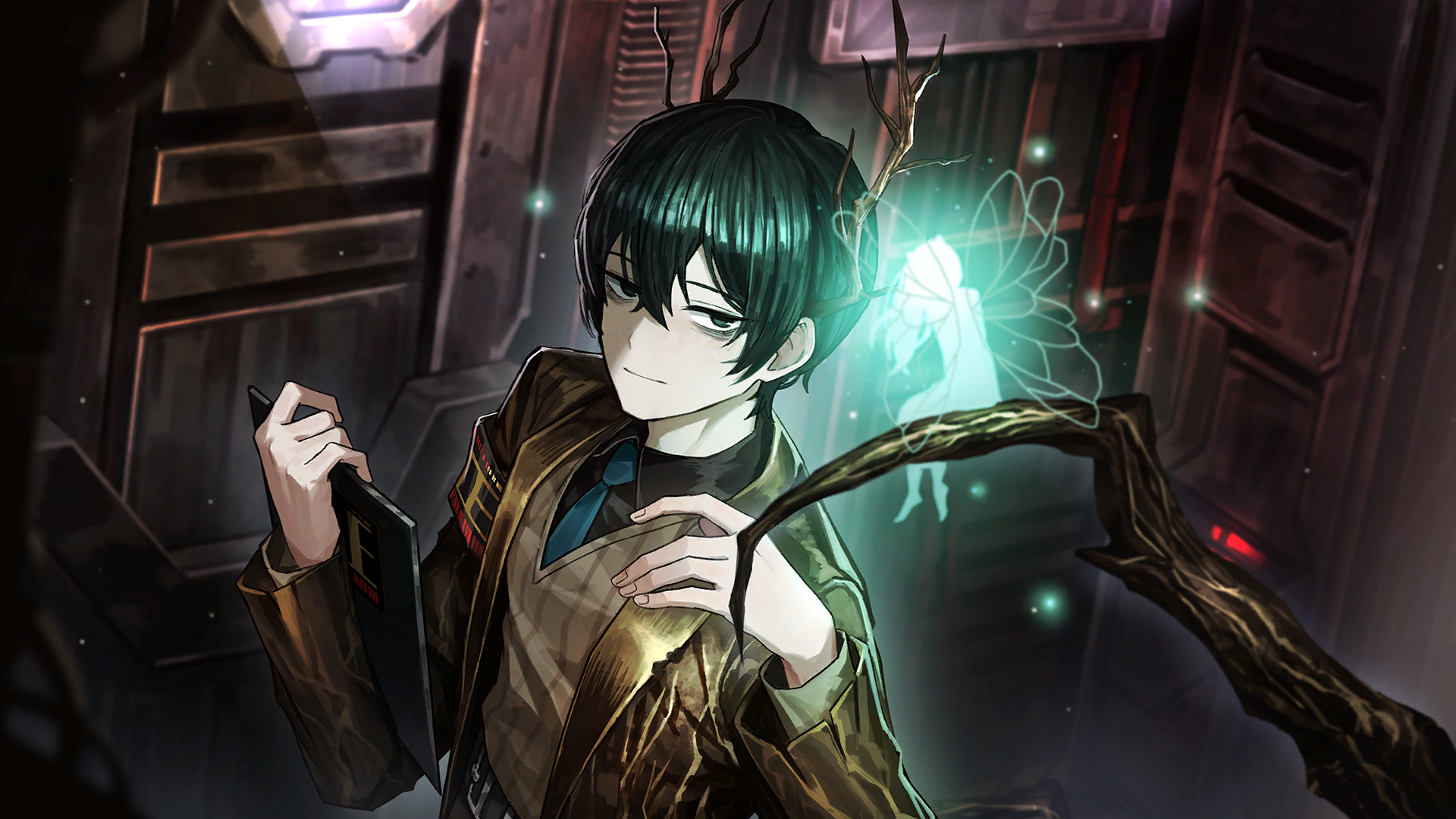 nai ga, faelantern (project moon), yi sang (project moon), limbus company, project moon, tree bark, game cg, highres, official art, 1boy, antlers, belt, black eyes, black hair, black shirt, blue necktie, branch, brown vest, clipboard, collared shirt, containment unit, e.g.o (project moon), holding, holding clipboard, horns, lantern (e.g.o), lce (identity) (project moon), necktie, shirt, short hair, smile, solo focus, vest