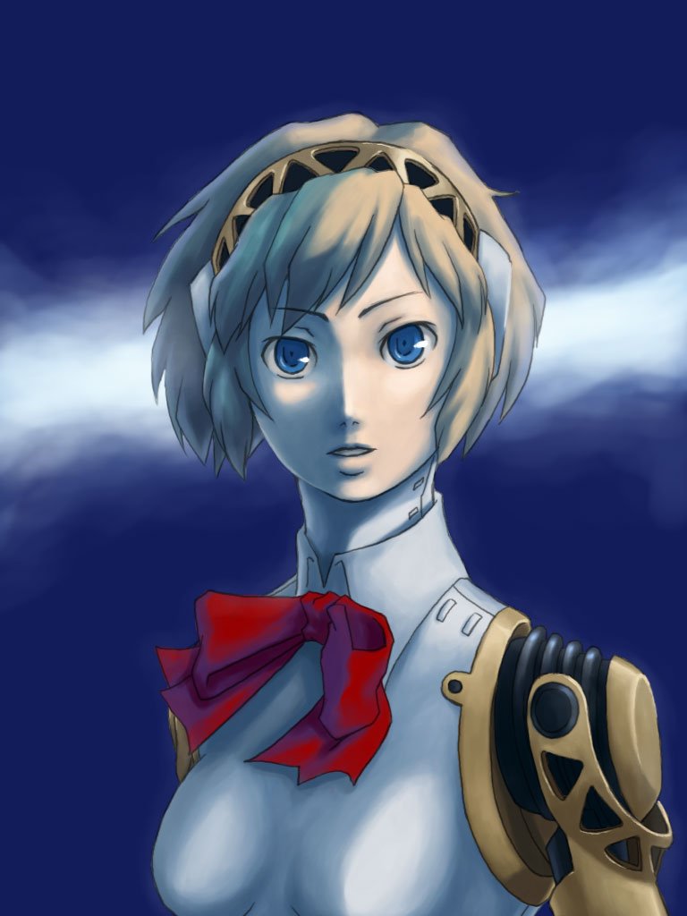 takayama chihiro, aigis (persona), atlus, persona, persona 3, android, blonde hair, blue eyes, short hair, solo