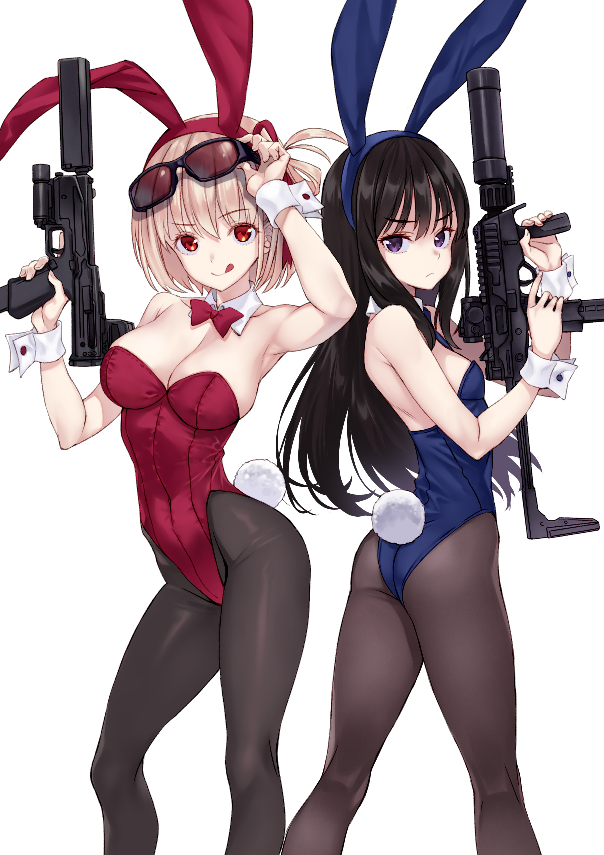 matsuryuu, inoue takina, nishikigi chisato, lycoris recoil, absurdres, highres, 2girls, animal ears, ass, bare shoulders, black hair, blonde hair, blue leotard, bow, bowtie, breasts, brown pantyhose, cleavage, detached collar, fake animal ears, fake tail, gun, hair ribbon, highleg, highleg leotard, large breasts, leotard, licking lips, long hair, looking at viewer, multiple girls, pantyhose, playboy bunny, ponytail, purple eyes, rabbit ears, rabbit tail, red eyes, red leotard, red ribbon, ribbon, short hair, small breasts, smile, tail, tongue, tongue out, weapon, wrist cuffs