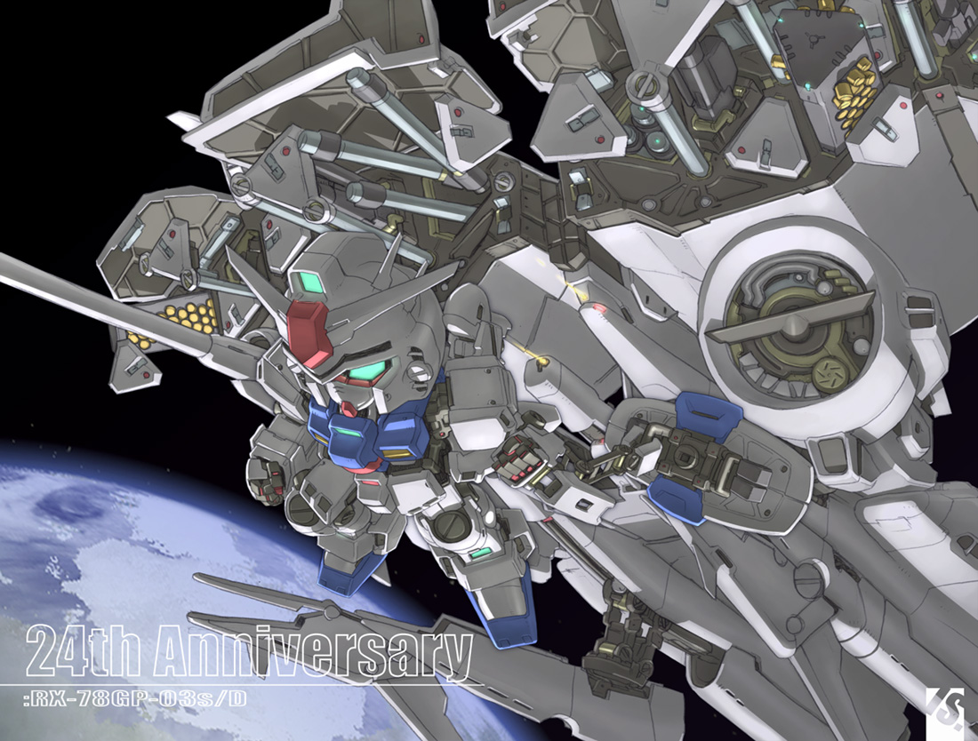 susagane, dendrobium schema, gundam gp-03 stamen, gundam, gundam 0083, sd gundam, 1990s (style), anniversary, aqua eyes, armor, chibi, earth (planet), flying, gp-03, mecha, no humans, planet, retro artstyle, robot, space