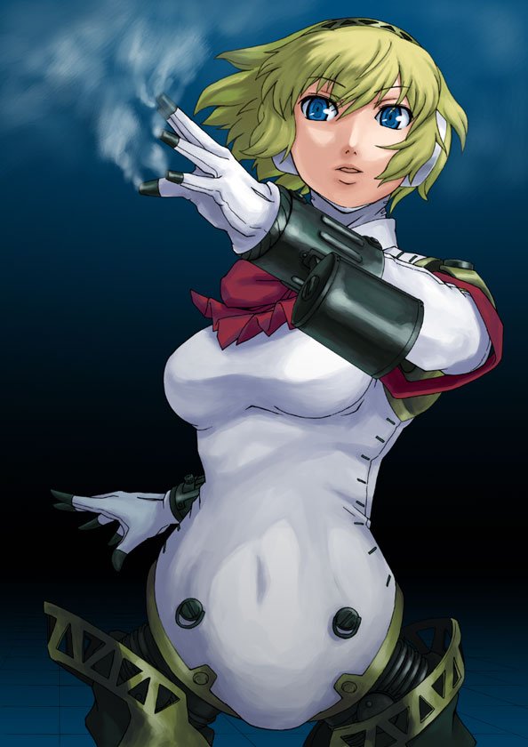 takayama chihiro, aigis (persona), atlus, persona, persona 3, 1girl, :d, android, arm support, blonde hair, blue eyes, bow, bowtie, breasts, covered navel, cowboy shot, female focus, from below, gradient hair, headphones, joints, looking at viewer, looking down, medium breasts, multicolored hair, open mouth, red bow, red bowtie, robot joints, short hair, smile, smoke, solo, standing