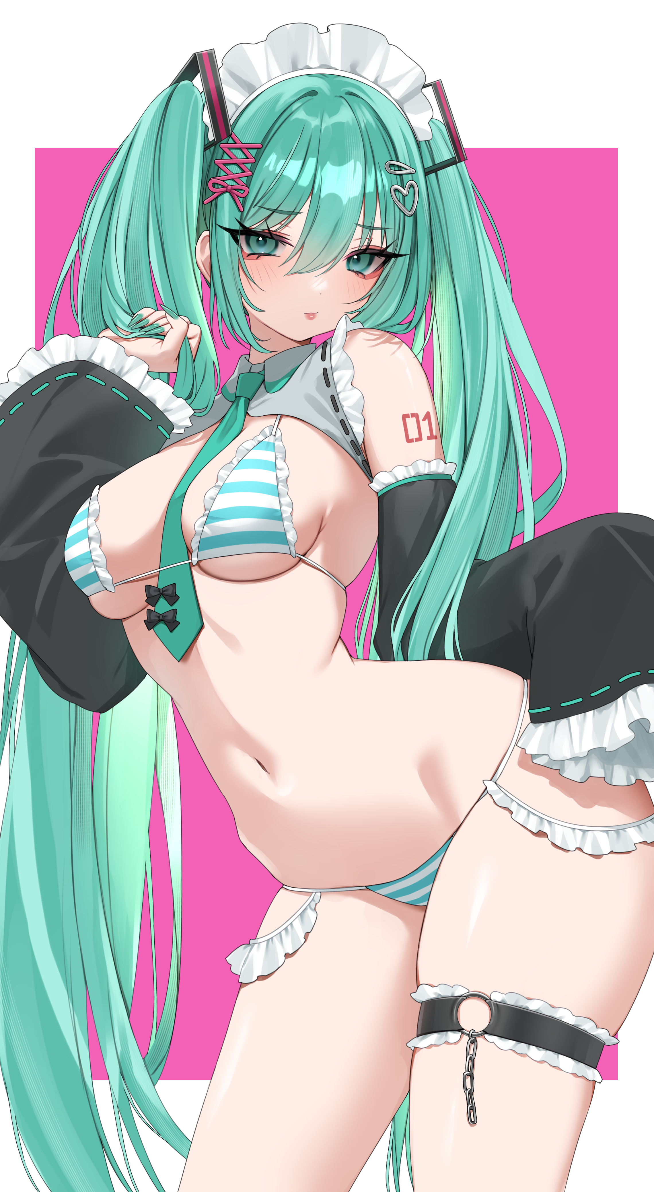 nemuaki, hatsune miku, vocaloid, absurdres, commentary request, highres, 1girl, alternate costume, aqua bikini, aqua eyes, aqua hair, aqua nails, aqua necktie, between breasts, bikini, blush, border, breasts, collar, cowboy shot, detached sleeves, fingernails, frilled bikini, frilled collar, frilled sleeves, frilled thigh strap, frills, grey collar, large breasts, leaning forward, lips, long fingernails, long hair, long sleeves, looking at viewer, maid headdress, necktie, necktie between breasts, o-ring, o-ring thigh strap, pink lips, solo, standing, striped bikini, striped clothes, swimsuit, thigh strap, twintails, very long hair, white border, wide sleeves