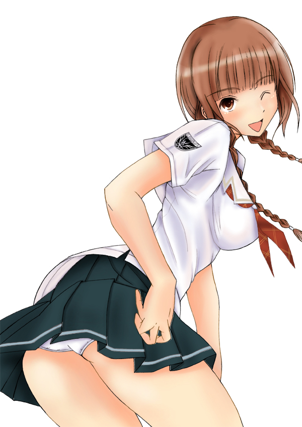 kishida-shiki, mizusawa mao, kimi kiss, bad id, bad pixiv id, 1girl, braid, female focus, hair over shoulder, one eye closed, panties, pantyshot, school uniform, serafuku, solo, twin braids, twintails, underwear, wink