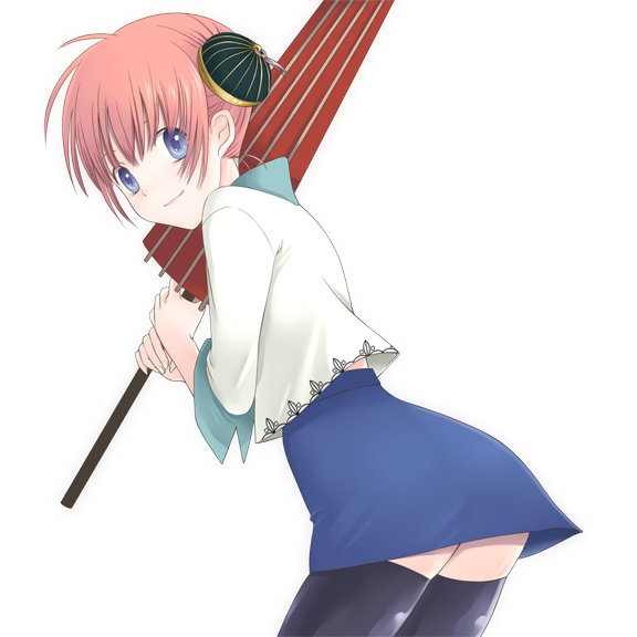 mitsuru (mitsu5), kagura (gintama), gintama, 00s, 1girl, blue eyes, bun cover, double bun, female focus, hair bun, oil-paper umbrella, orange hair, simple background, skirt, smile, solo, thighhighs, umbrella, zettai ryouiki
