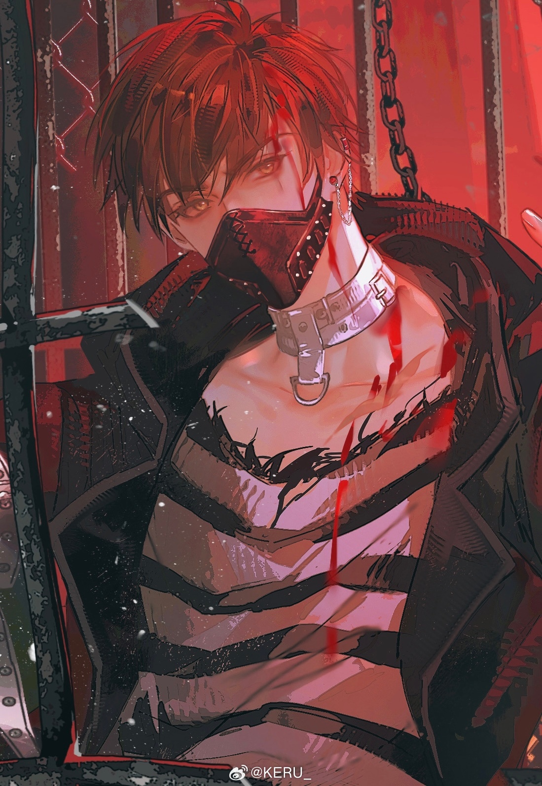 keru233, bai qi (love and producer), love and producer, chinese commentary, highres, 1boy, black jacket, black mask, black shirt, blood, blood on clothes, brown eyes, brown hair, chain, collar, collarbone, covered mouth, ear chain, earrings, hood, hood down, hooded jacket, iron bars, jacket, jewelry, linked piercing, long sleeves, looking at viewer, male focus, mask, mouth mask, open clothes, open jacket, piercing, prison, prison clothes, prisoner, red light, shirt, short hair, sideways glance, solo, striped clothes, striped shirt, stud earrings, torn clothes, torn shirt, upper body, v-shaped eyebrows, watermark, weibo watermark, white collar, white shirt
