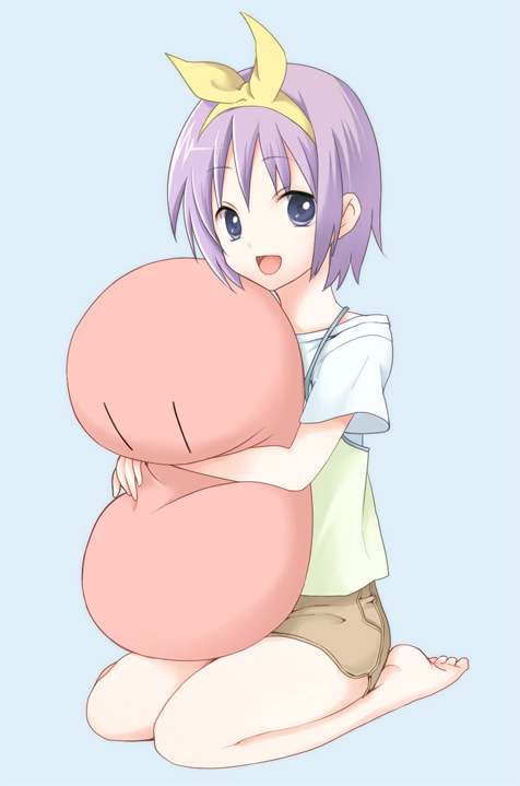 mitsuru (mitsu5), hiiragi tsukasa, clannad, dango daikazoku, lucky star, bad id, bad pixiv id, 00s, 1girl, barefoot, company connection, female focus, hairband, hugging object, pillow, pillow hug, purple hair, solo