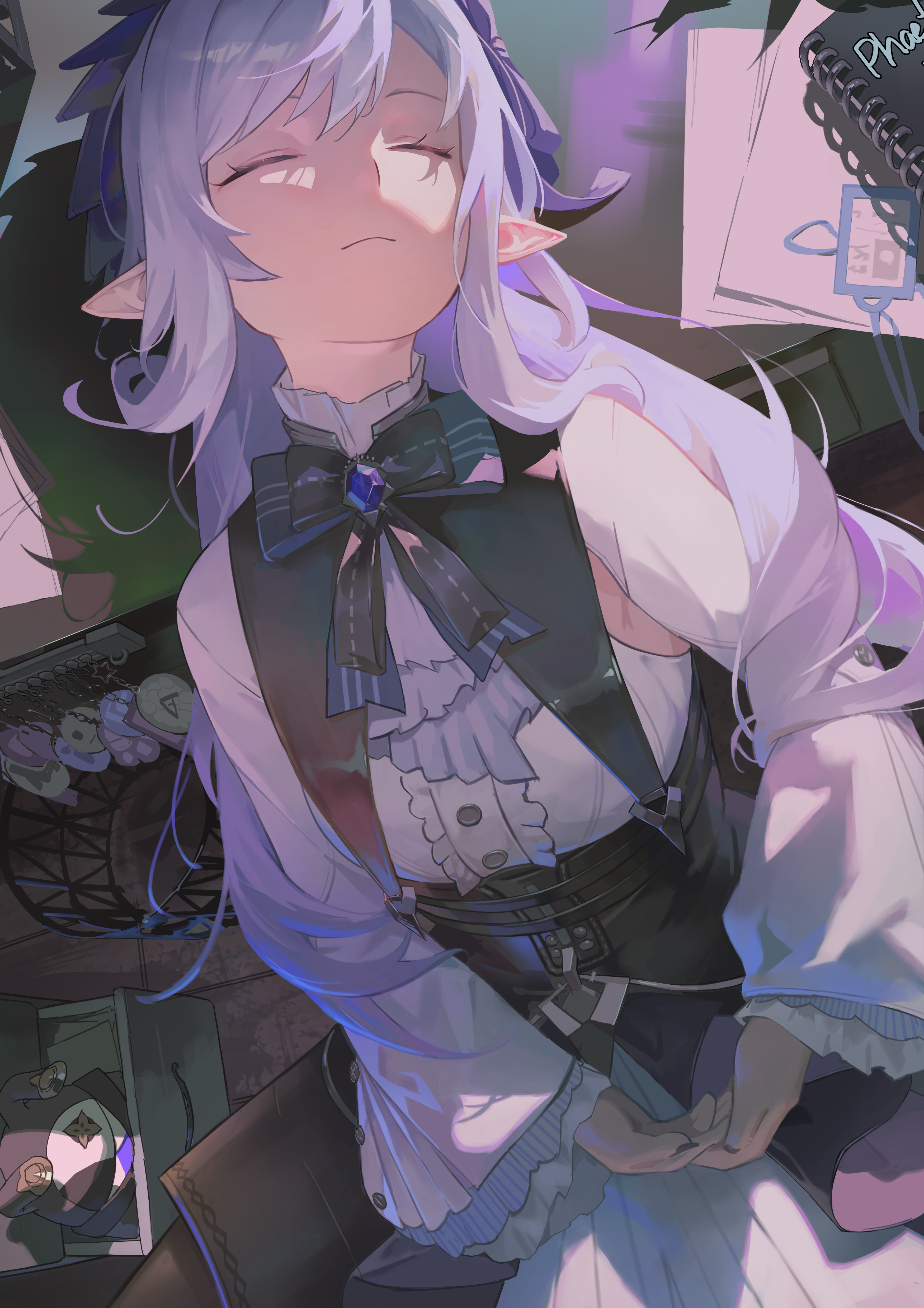 bayun, vivian banshee, zenless zone zero, absurdres, commentary request, highres, 1girl, ascot, black ribbon, breasts, closed eyes, closed mouth, dress, facing viewer, from above, indoors, long hair, long sleeves, medium breasts, neck ribbon, own hands together, paper, pointy ears, purple ascot, purple hair, ribbon, sleeping, solo, white dress