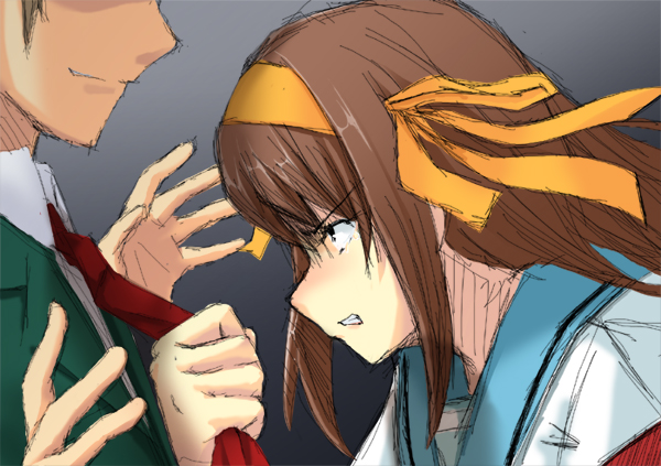 gin (ginshari), suzumiya haruhi, suzumiya haruhi no yuuutsu, 00s, 1boy, 1girl, ^^^, angry, brown hair, clenched teeth, clothes grab, gin (ginshari) , hairband, head out of frame, long hair, necktie, necktie grab, neckwear grab, profile, school uniform, serafuku, teeth