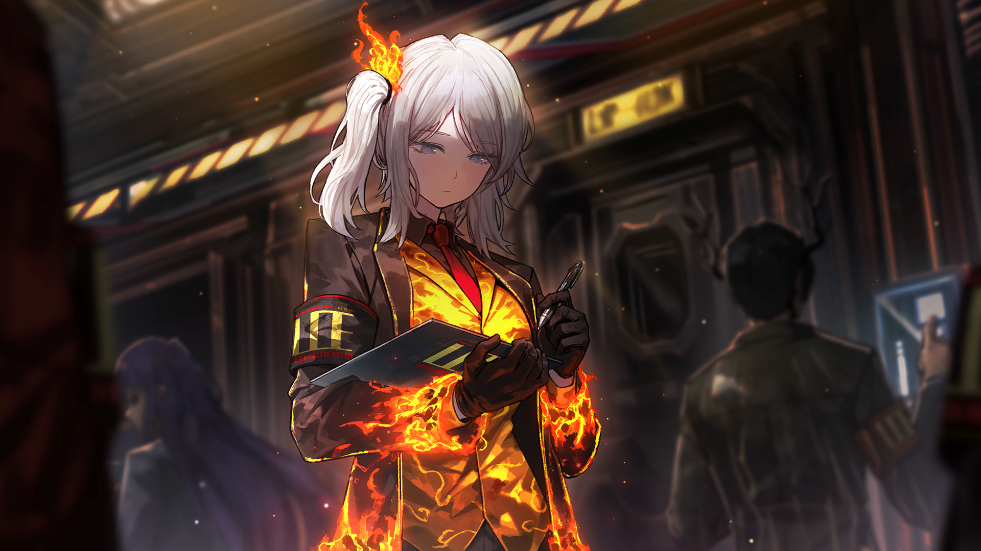 nai ga, faust (project moon), limbus company, project moon, game cg, highres, official art, 1girl, 4others, ardor blossom star (e.g.o), armband, black gloves, blue eyes, brown coat, brown shirt, clipboard, coat, collared shirt, e.g.o (project moon), fire, gloves, hairband, holding, holding clipboard, holding pen, lantern (e.g.o), lce (identity) (project moon), long hair, multiple others, necktie, orange vest, pen, purple hair, red necktie, shirt, side ponytail, solo focus, vest, white hair