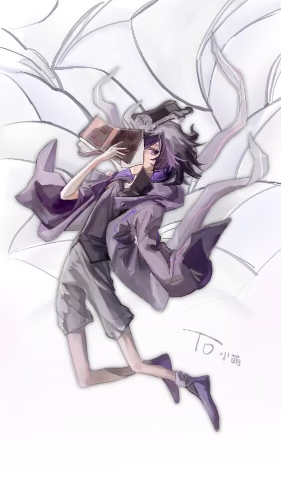 shitodo kuroji, len'en, art trade, artist request, commentary, english commentary, second-party source, 1other, androgynous, arrow print, black hat, black shirt, book, boots, coattails, collared shirt, covered mouth, falling, floating clothes, floating hair, floating paper, frilled headwear, full body, grey shorts, hat, hat loss, high collar, holding, holding book, hood, hood down, hooded jacket, jacket, long sleeves, looking at viewer, mob cap, one eye covered, open book, open clothes, open jacket, other focus, paper, purple boots, purple eyes, purple hair, purple jacket, shirt, short hair, shorts, sleeves past fingers, sleeves past wrists, socks, solo, triangular headpiece, white background, white socks, wide sleeves