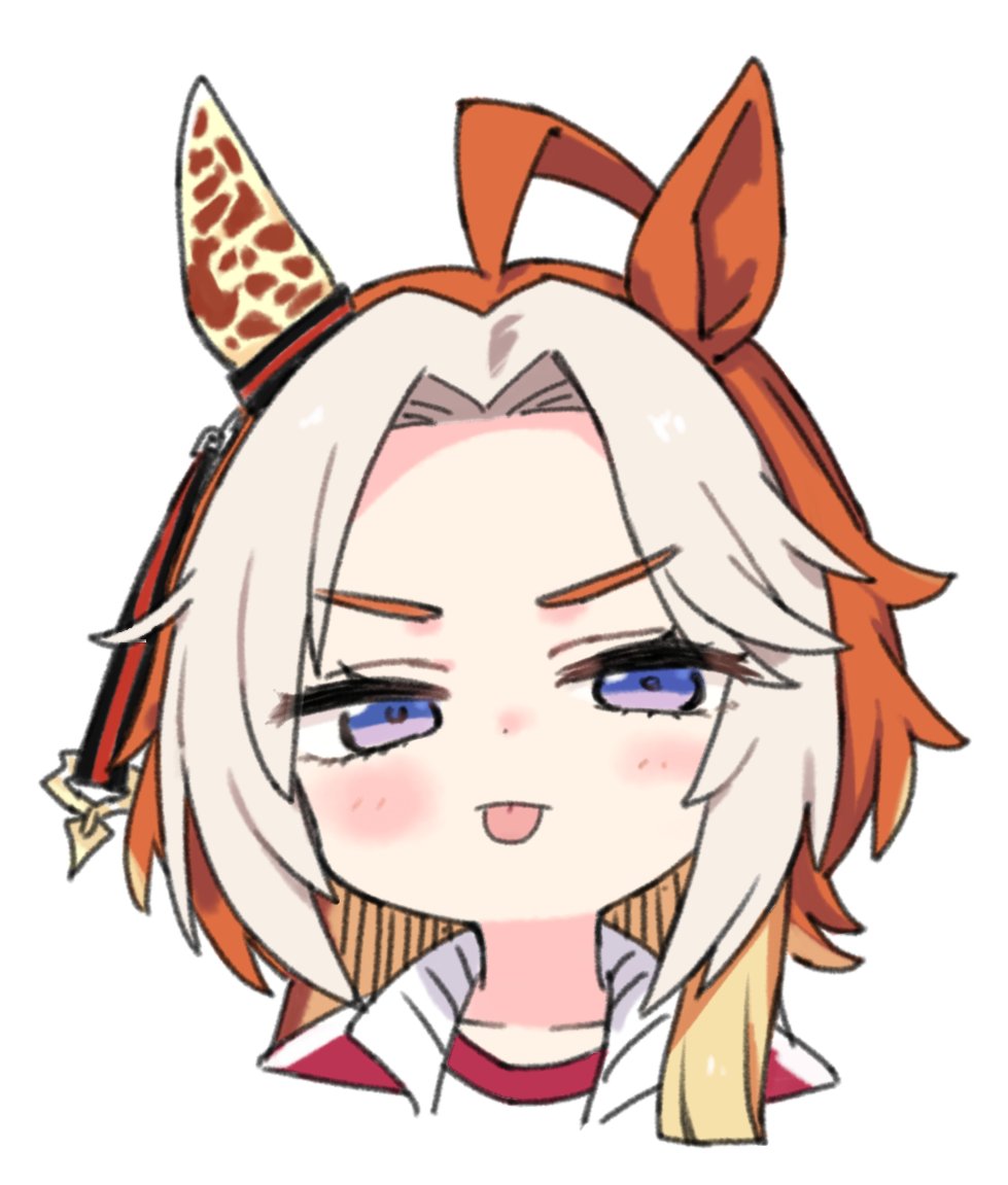 moru (monaka), orfevre (umamusume), umamusume, 1girl, :p, ahoge, blonde hair, blue eyes, blush stickers, ear covers, looking at viewer, multicolored hair, orange hair, simple background, single ear cover, solo, tongue, tongue out, tracen training uniform, upper body, white background, white hair