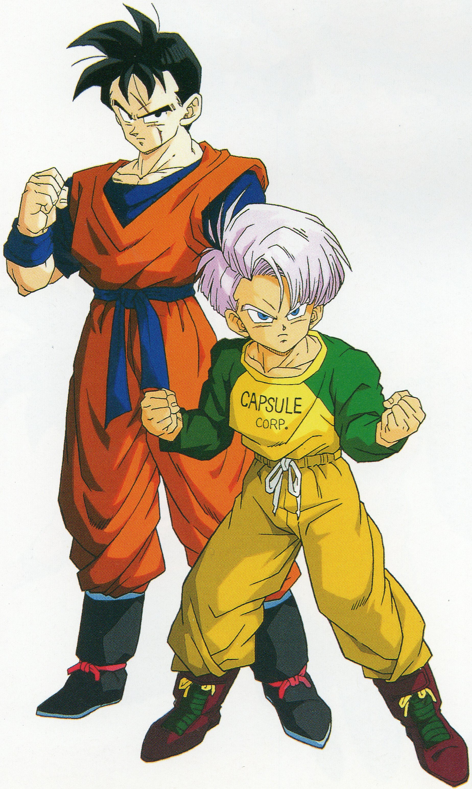 maeda minoru, son gohan, son gohan (future), trunks (dragon ball), trunks (future) (dragon ball), dragon ball, dragonball z, absurdres, highres, official art, scan, third-party source, 1990s (style), 2boys, aged down, black eyes, black hair, blue eyes, boots, capsule corp, clenched hands, dougi, drawstring, frown, full body, green sleeves, male focus, multiple boys, muscular, orange dougi, pants, purple hair, raglan sleeves, red boots, retro artstyle, scar, scar across eye, scar on face, shirt, short hair, side part, spiked hair, sweatpants, teacher and student, white background, wristband, yellow pants, yellow shirt