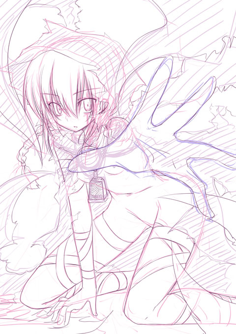 nagami yuu, curse maker, curse maker 2, atlus, etrian odyssey, 1girl, braid, breasts, convenient censoring, female focus, foreshortening, jewelry, kneeling, leaning forward, long hair, looking at viewer, monochrome, navel, necklace, nude, outstretched arm, palms, pink theme, single braid, sketch, small breasts, solo, stomach, thigh strap, tsurime, underboob, veil