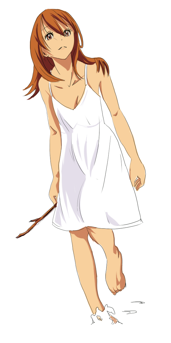 magomago, bad id, bad pixiv id, highres, 1girl, barefoot, branch, brown eyes, brown hair, feet, female focus, flat chest, lingerie, long hair, negligee, simple background, soaking feet, solo, standing, toes, underwear, water