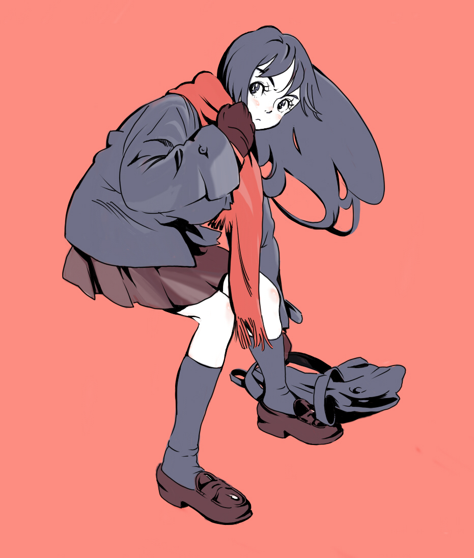 magomago, original, bad id, bad pixiv id, 1girl, bag, black hair, coat, female focus, gloves, loafers, long hair, red background, red scarf, scarf, shoes, simple background, skirt, socks, solo