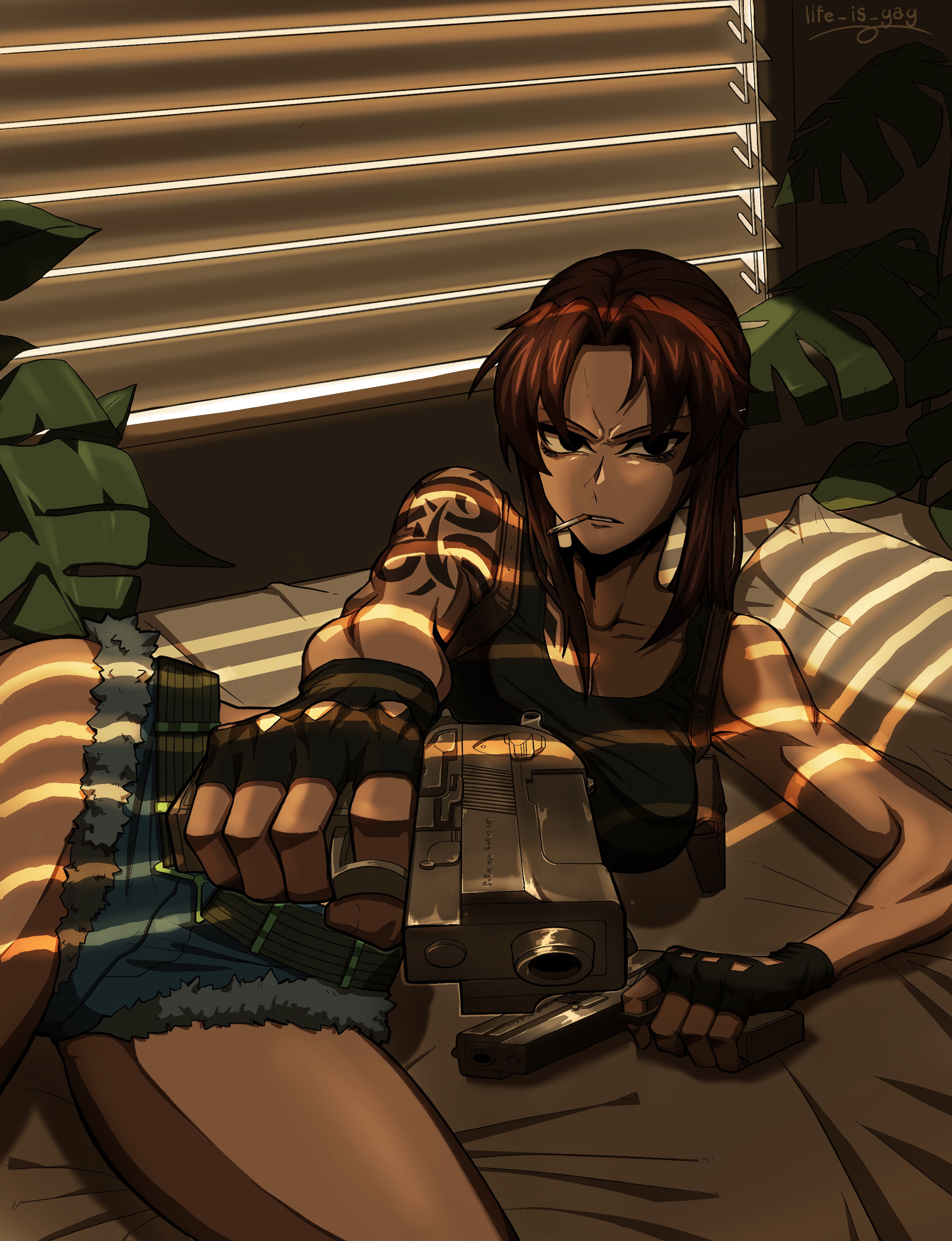 life is gag, revy (black lagoon), black lagoon, absurdres, highres, 1girl, aiming, aiming at viewer, arm tattoo, bed, bedroom, belt, black eyes, black gloves, black tank top, breasts, brown hair, cigarette, cleavage, collarbone, cutoffs, denim, denim shorts, dual wielding, fingerless gloves, glaring, gloves, gun, handgun, holding, holding gun, holding weapon, large breasts, looking at viewer, lying, mouth hold, on bed, on side, outstretched arm, parted lips, shorts, shoulder tattoo, sidelocks, solo, tank top, tattoo, v-shaped eyebrows, weapon, window, window blinds