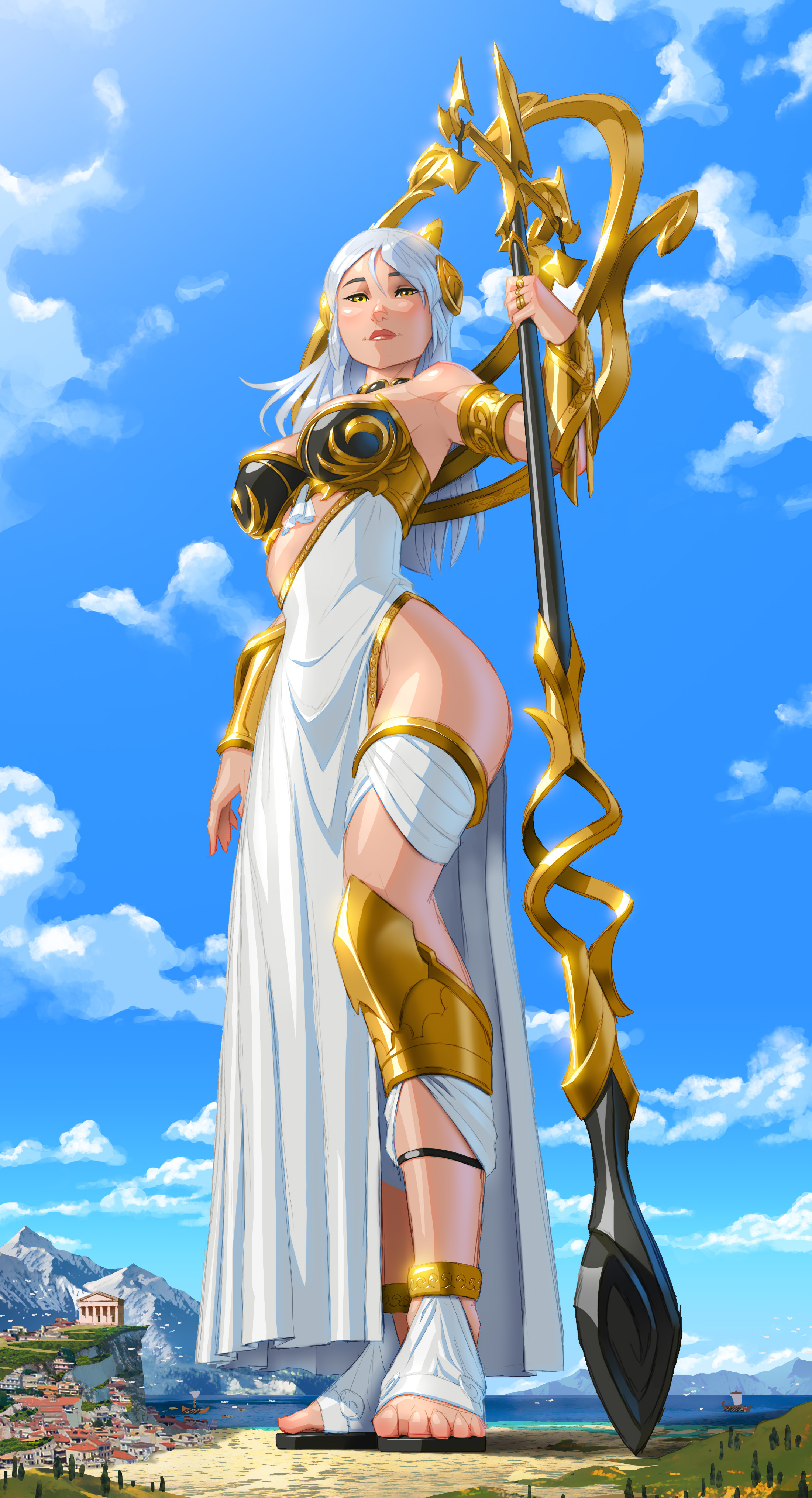 zededge, original, absurdres, commentary, commission, english commentary, highres, 1girl, armlet, armor, borrowed character, breastplate, breasts, cloud, cloudy sky, day, dress, fantasy, from below, full body, giant, giantess, holding, holding polearm, holding weapon, jewelry, long hair, looking at viewer, outdoors, polearm, sandals, sky, solo, standing, thighhighs, thighs, toes, weapon, white dress, white hair