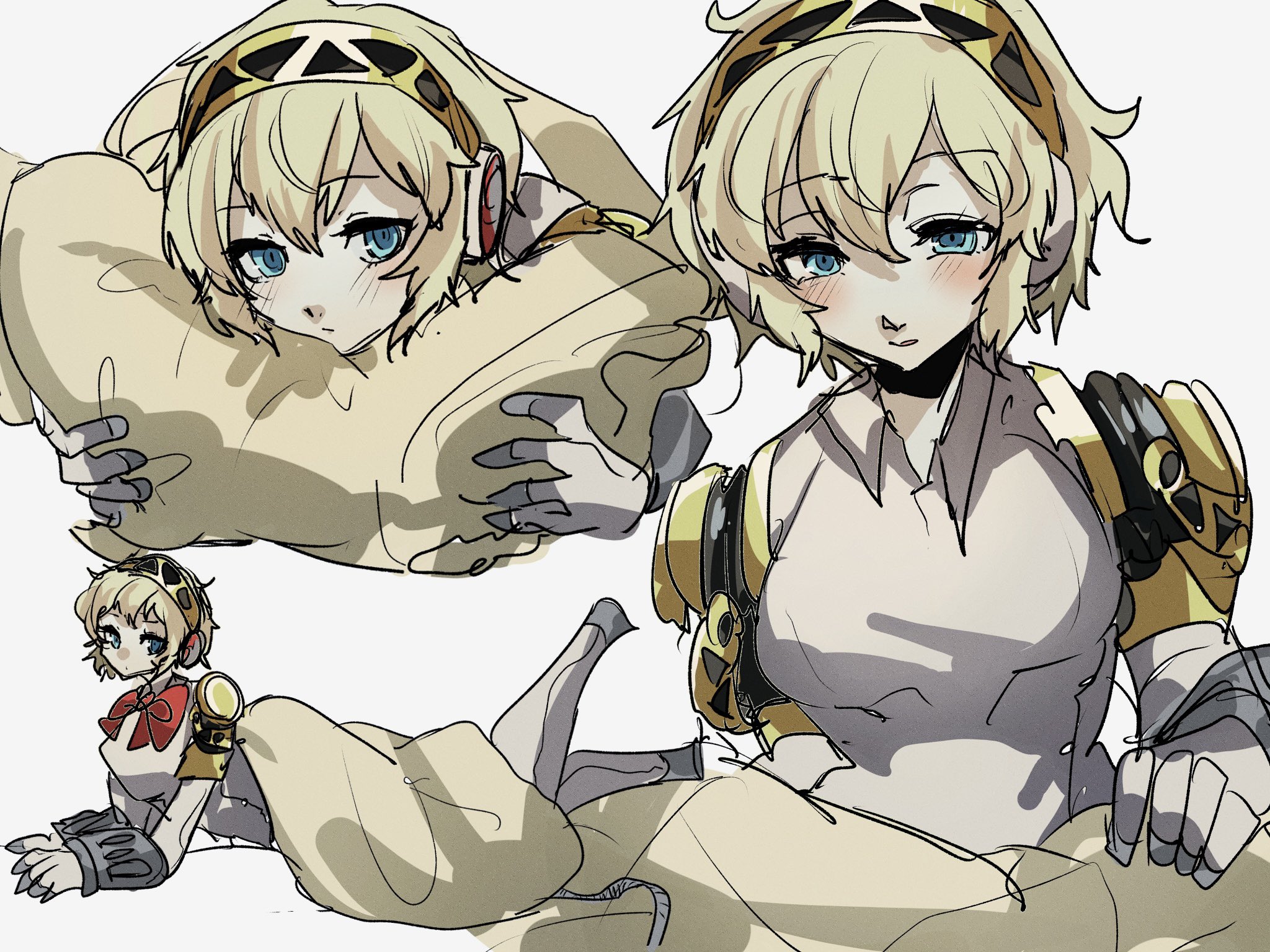 yuyuy 00, aigis (persona), persona, persona 3, yellow pillow, commentary request, highres, 1girl, :/, blanket, blonde hair, blue eyes, blush, bow, double-parted bangs, full body, gold hairband, hair between eyes, hairband, head on pillow, holding, holding pillow, looking at viewer, mechanical arms, mechanical legs, multiple views, on ground, pillow, red bow, robot ears, robot girl, short hair, simple background, under covers, upper body, white background, yellow blanket