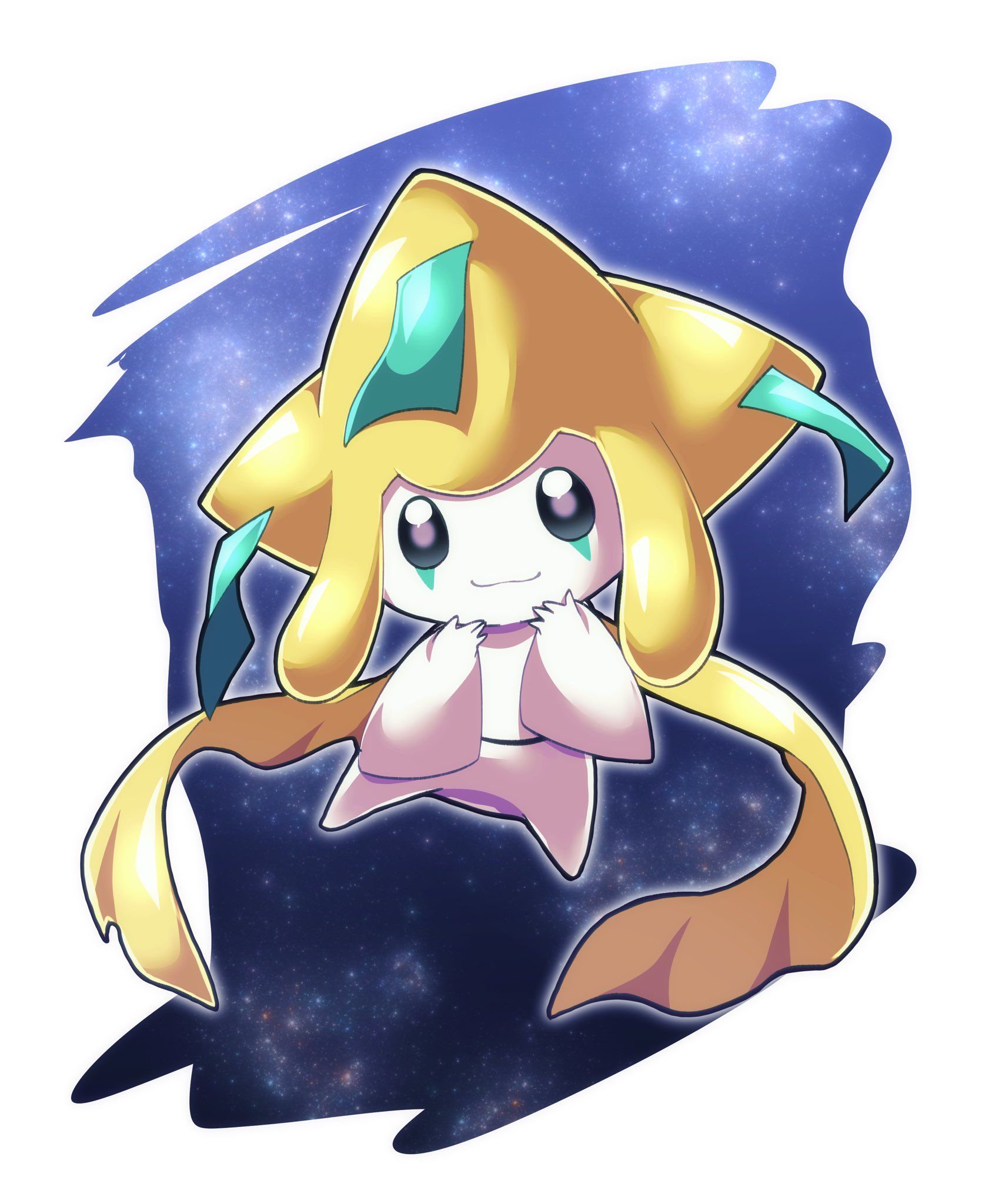 otyumamii, jirachi, nintendo, pokemon, commentary request, highres, 1other, blue sky, creature, creature focus, floating, gen 3 pokemon, hands on own face, legendary pokemon, mythical pokemon, night, no humans, other focus, pokemon (creature), pokemon focus, sky, solo, tanzaku, white background
