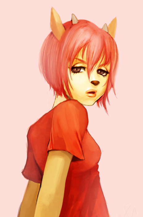 shotshell, lammy (um jammer lammy), parappa the rapper, um jammer lammy, 1girl, animal ears, animal nose, female focus, horns, lips, red hair, shirt, solo, t-shirt