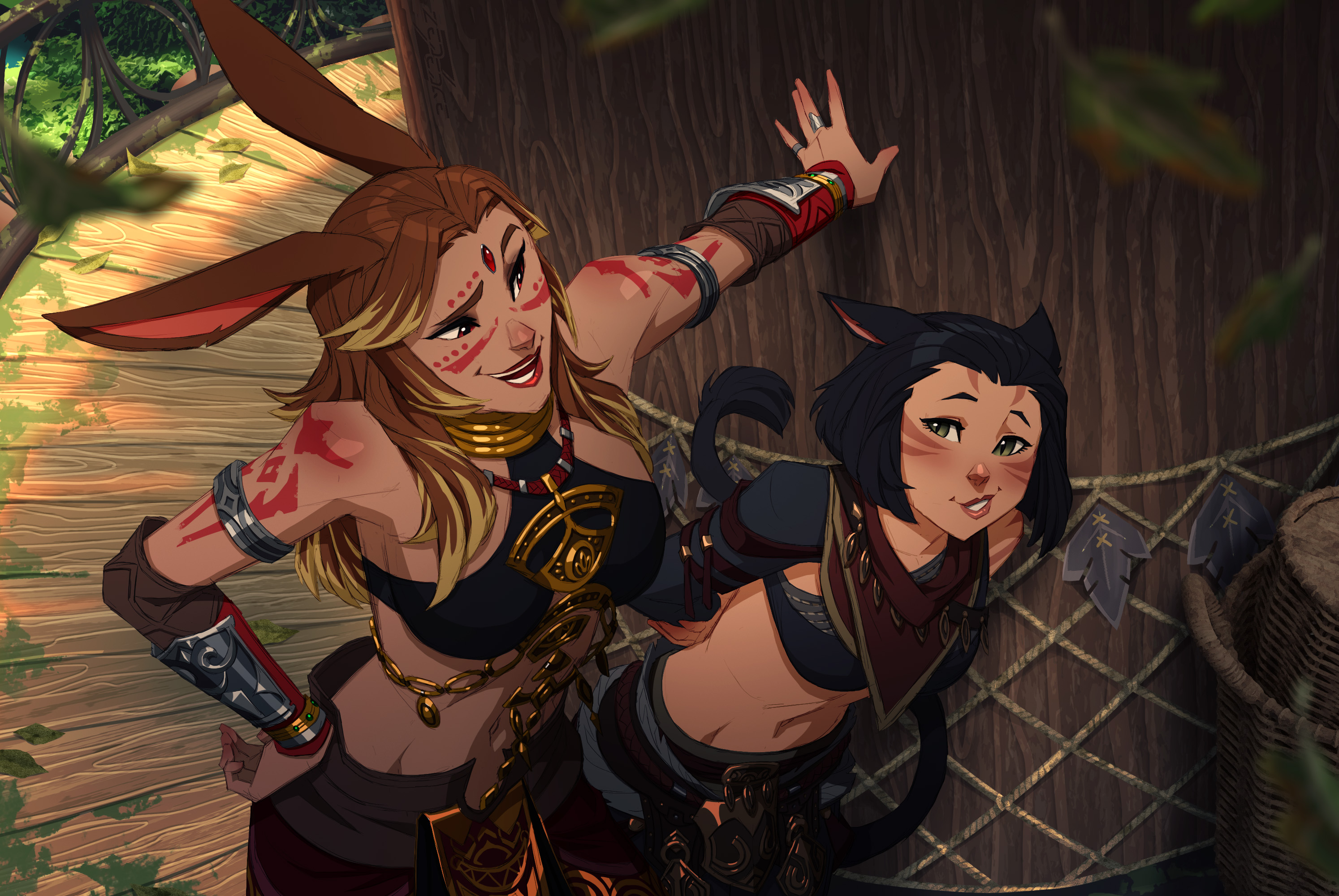 zededge, final fantasy, final fantasy xiv, commentary, commission, english commentary, highres, 2girls, animal ears, black hair, breasts, brown hair, cat ears, cat girl, cat tail, facial mark, forehead jewel, gem, jewelry, long hair, looking at viewer, midriff, miqo'te, multiple girls, navel, open mouth, rabbit ears, rabbit girl, red gemstone, short hair, tail, viera