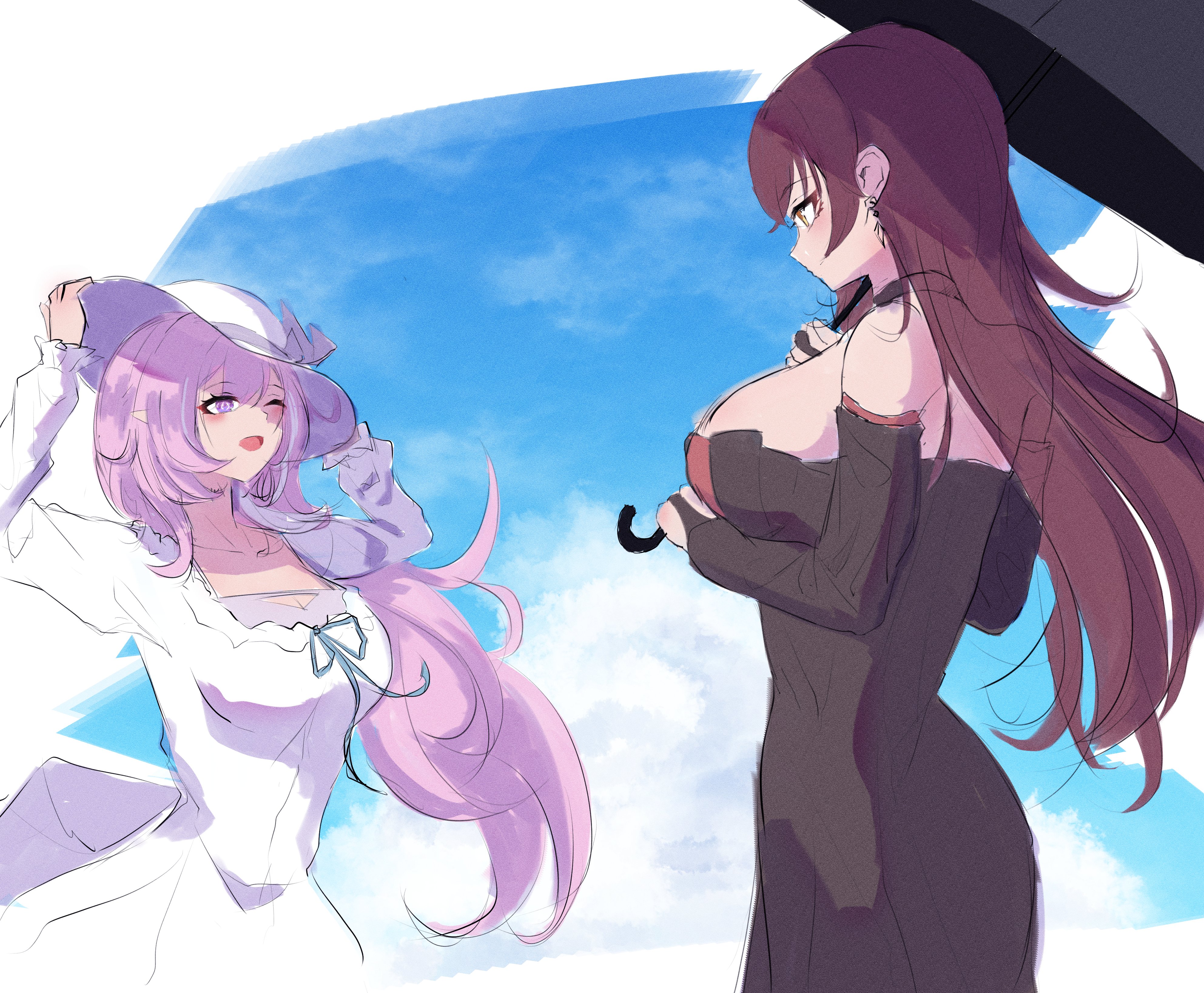 gude (gudechang), eden (honkai impact), elysia (herrscher of human: ego) (honkai impact), elysia (honkai impact), elysia (summer 2025) (honkai impact), honkai (series), honkai impact 3rd, absurdres, commentary, highres, 2girls, ;o, adjusting clothes, adjusting headwear, alternate costume, black dress, blue sky, breasts, diamond-shaped pupils, diamond (shape), dress, hat, holding, holding umbrella, large breasts, long hair, multiple girls, official alternate costume, one eye closed, pink hair, purple eyes, sky, sun hat, sundress, symbol-shaped pupils, umbrella, very long hair, white dress, white hat, yellow eyes