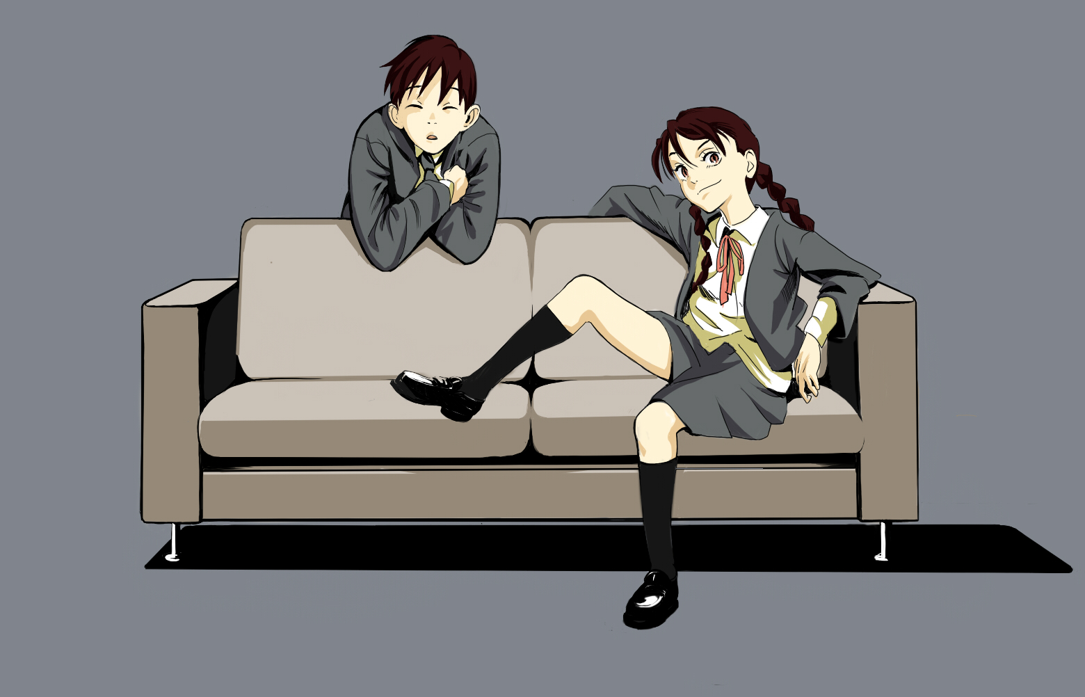 magomago, bad id, bad pixiv id, braid, couch, long hair, school uniform, serafuku, socks, twin braids