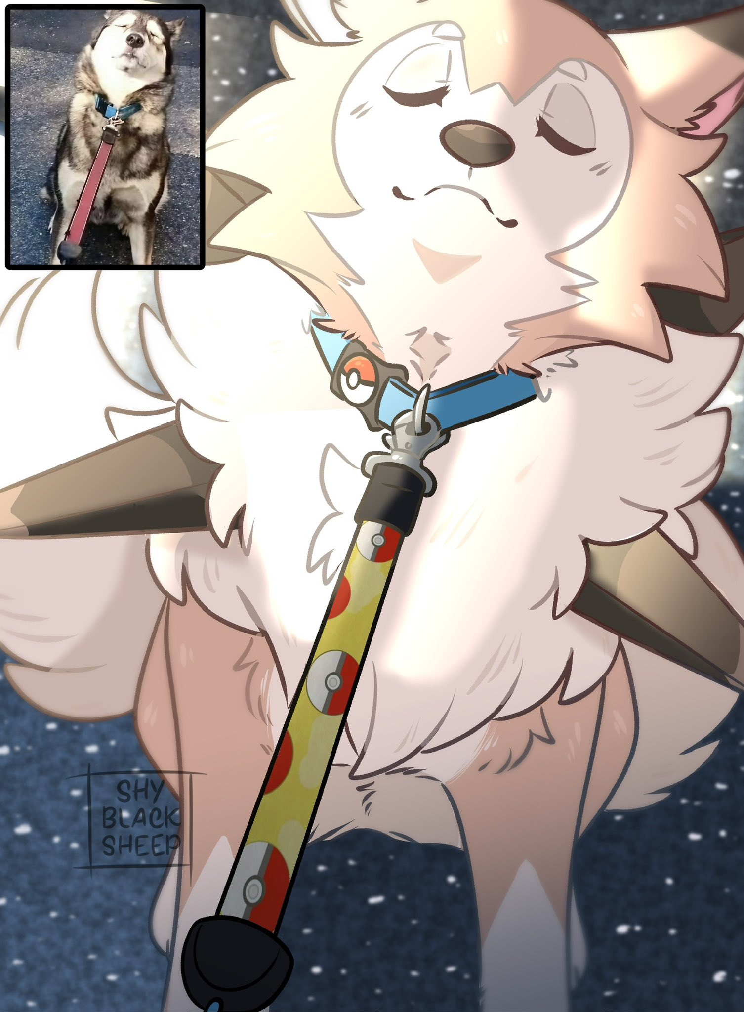 shyblacksheep, lycanroc, lycanroc (midday), nintendo, pokemon, commentary, english commentary, highres, photo-referenced, animal focus, artist name, closed eyes, collar, dog, facing viewer, fluffy, gen 7 pokemon, head back, husky, leash, leash pull, long eyelashes, no humans, outdoors, photo inset, poke ball print, pokemon (creature), reference inset, sidelighting, sitting, smile, solo, straight-on, viewer holding leash