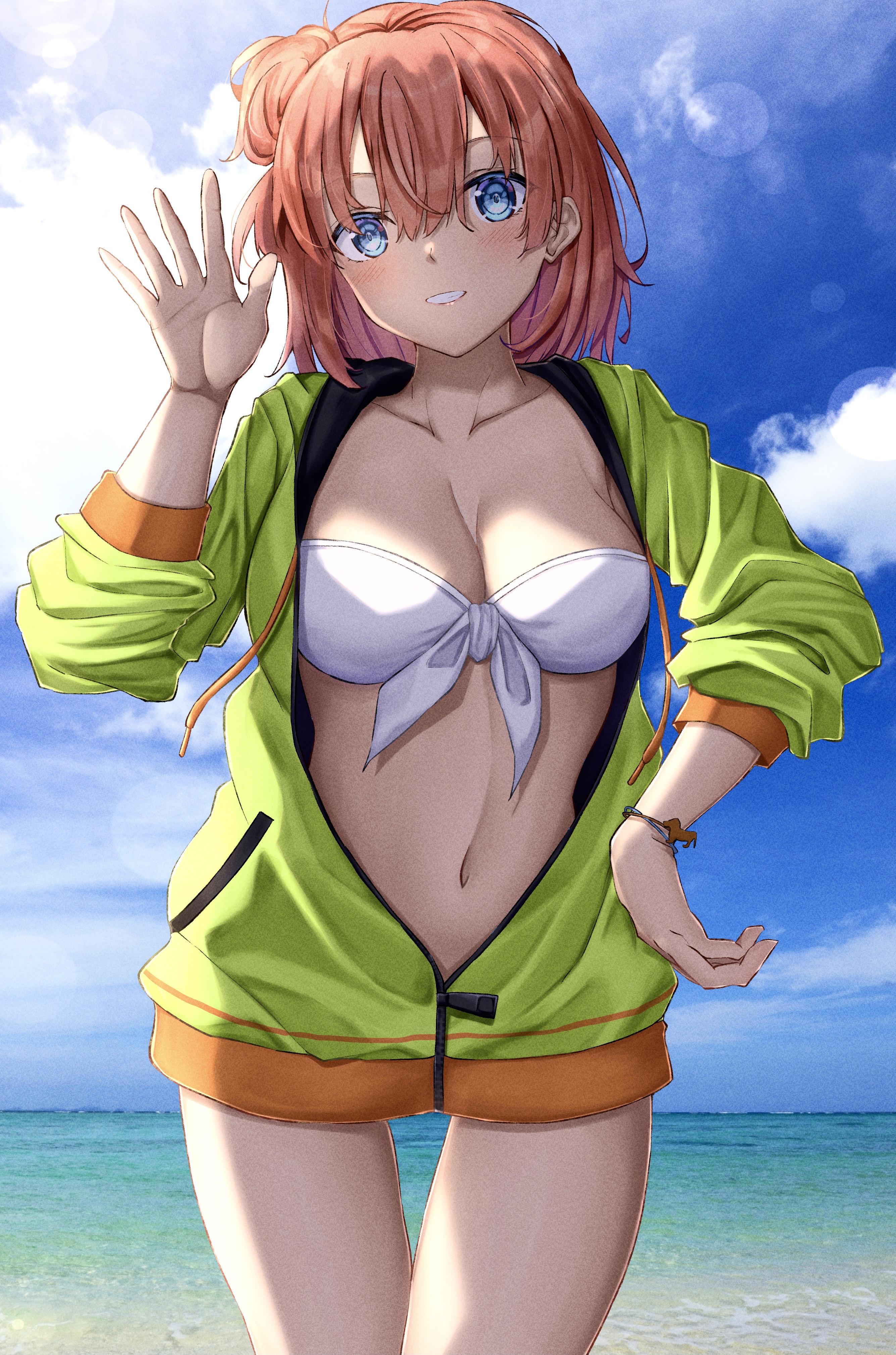 toukan, yuigahama yui, yahari ore no seishun lovecome wa machigatteiru., absurdres, commentary request, highres, 1girl, alternate costume, bikini, blue eyes, blush, bracelet, breasts, cleavage, collarbone, cowboy shot, day, front-tie bikini top, front-tie top, green jacket, hair bun, hand on own hip, hand up, horizon, jacket, jewelry, large breasts, lens flare, long sleeves, looking at viewer, medium hair, ocean, open clothes, open jacket, orange hair, outdoors, parted lips, partially unzipped, single hair bun, single side bun, sky, strapless, strapless bikini, swimsuit, thigh gap, thighs, waving, white bikini