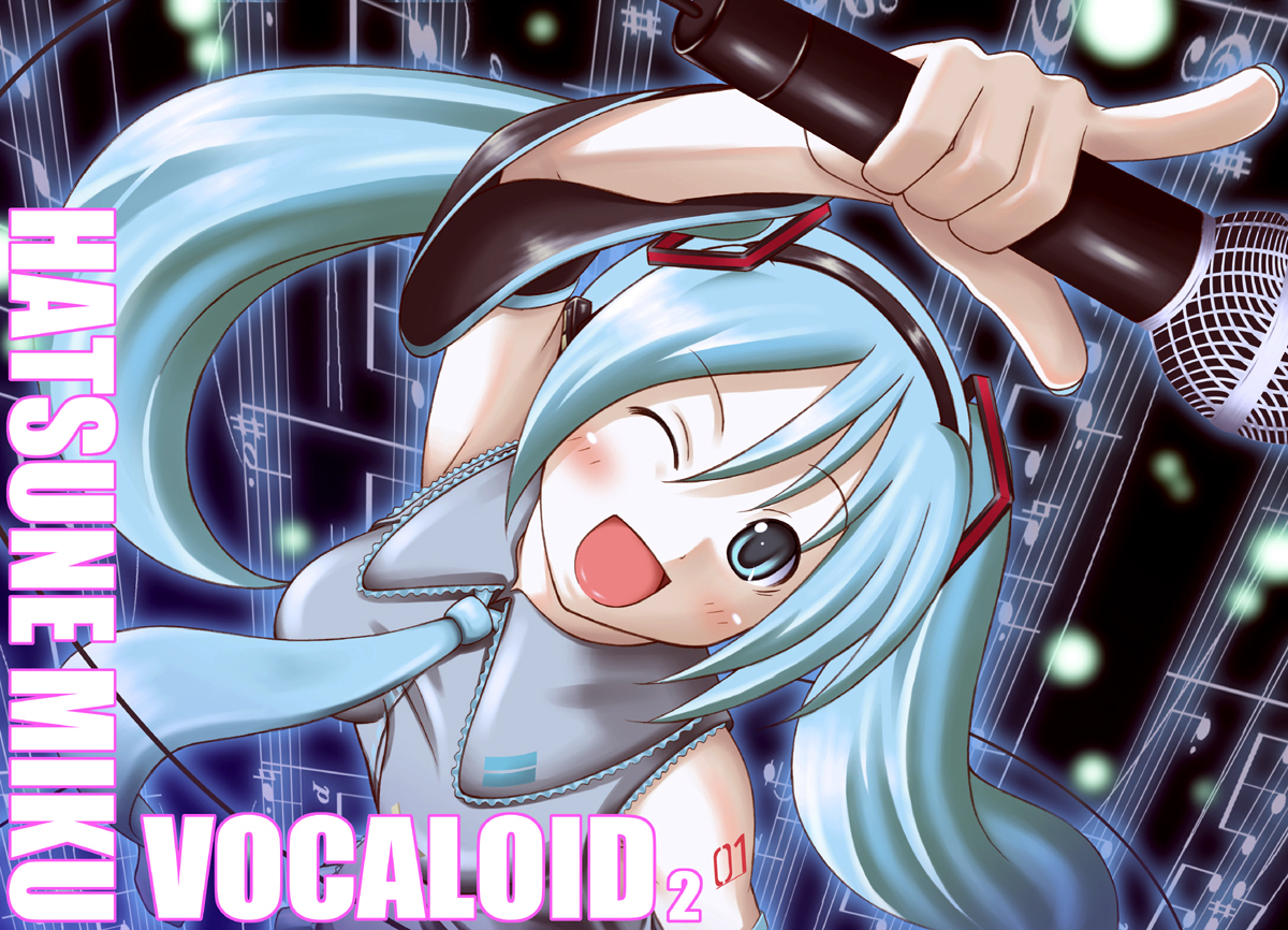 nukunuku (hinataboltuko), hatsune miku, vocaloid, 1girl, aqua eyes, aqua hair, female focus, microphone, necktie, one eye closed, open mouth, smile, solo, wink