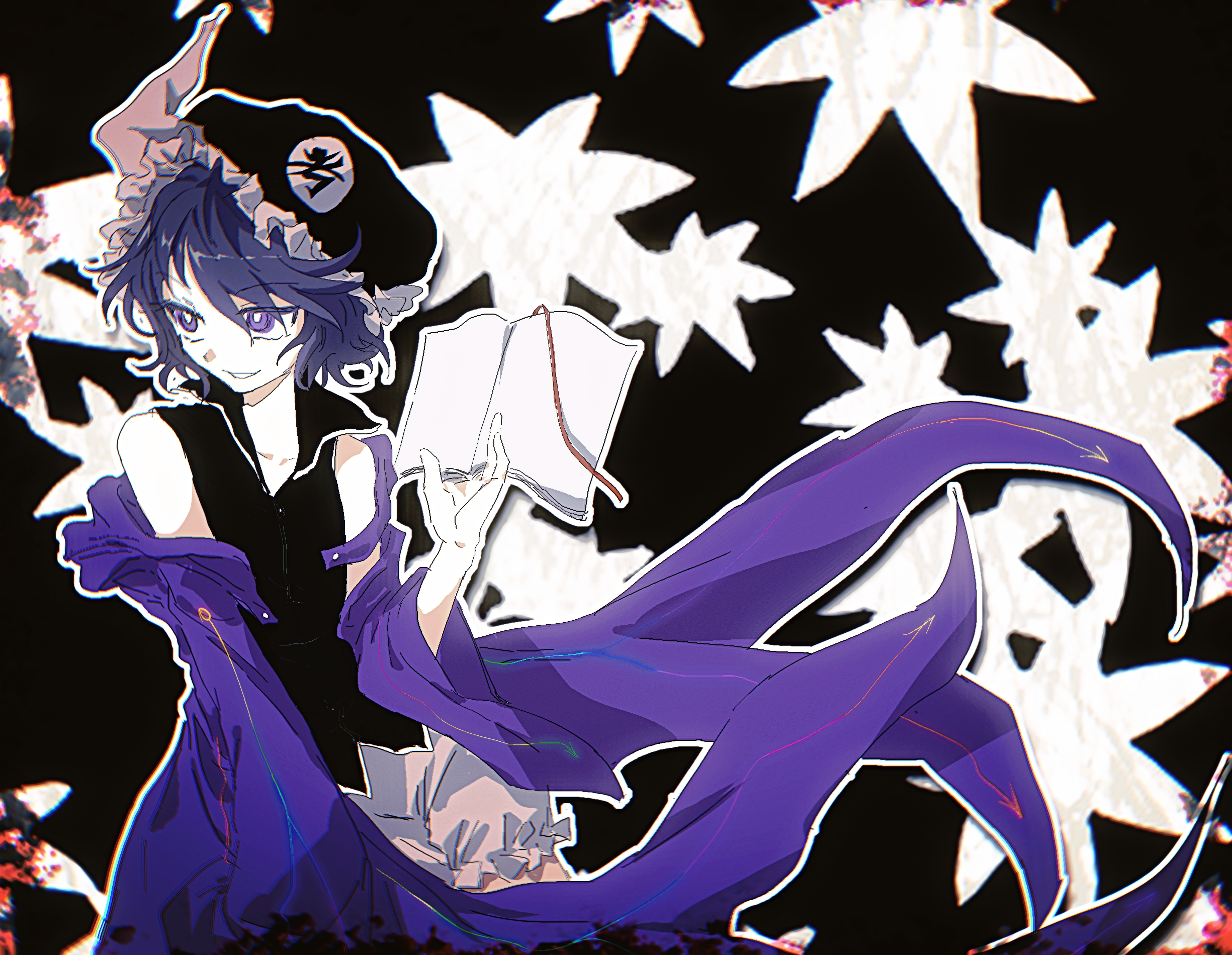 shitodo kuroji, len'en, art trade, artist request, commentary, english commentary, highres, second-party source, 1other, androgynous, arm cutout, arrow print, bare shoulders, between fingers, black background, black hat, black shirt, book, bookmark, bright pupils, buttons, clothing cutout, coattails, collarbone, collared shirt, crooked hat, eyes visible through hair, feet out of frame, floating clothes, floating hair, frilled headwear, frilled shorts, frills, hair between eyes, hat, high collar, holding, holding book, hood, hood down, hooded jacket, jacket, leaf, leaf background, long sleeves, looking to the side, mob cap, open book, open clothes, open jacket, other focus, outline, parted lips, puffy shorts, purple eyes, purple hair, purple jacket, shirt, short hair, shorts, sleeveless, sleeveless shirt, smirk, solo, triangular headpiece, white outline, white pupils, white shorts, wide sleeves
