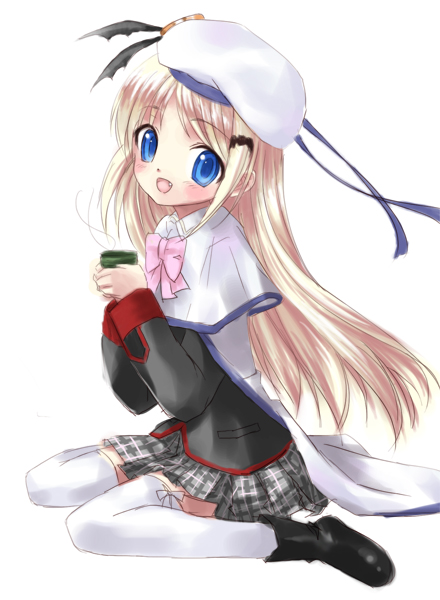 kimishima ao, noumi kudryavka, little busters!, silver hair, bad id, bad pixiv id, 1girl, blue eyes, bow, cape, cup, fang, female focus, hat, long hair, open mouth, pink bow, plaid clothes, plaid skirt, school uniform, serafuku, skirt, solo, thighhighs
