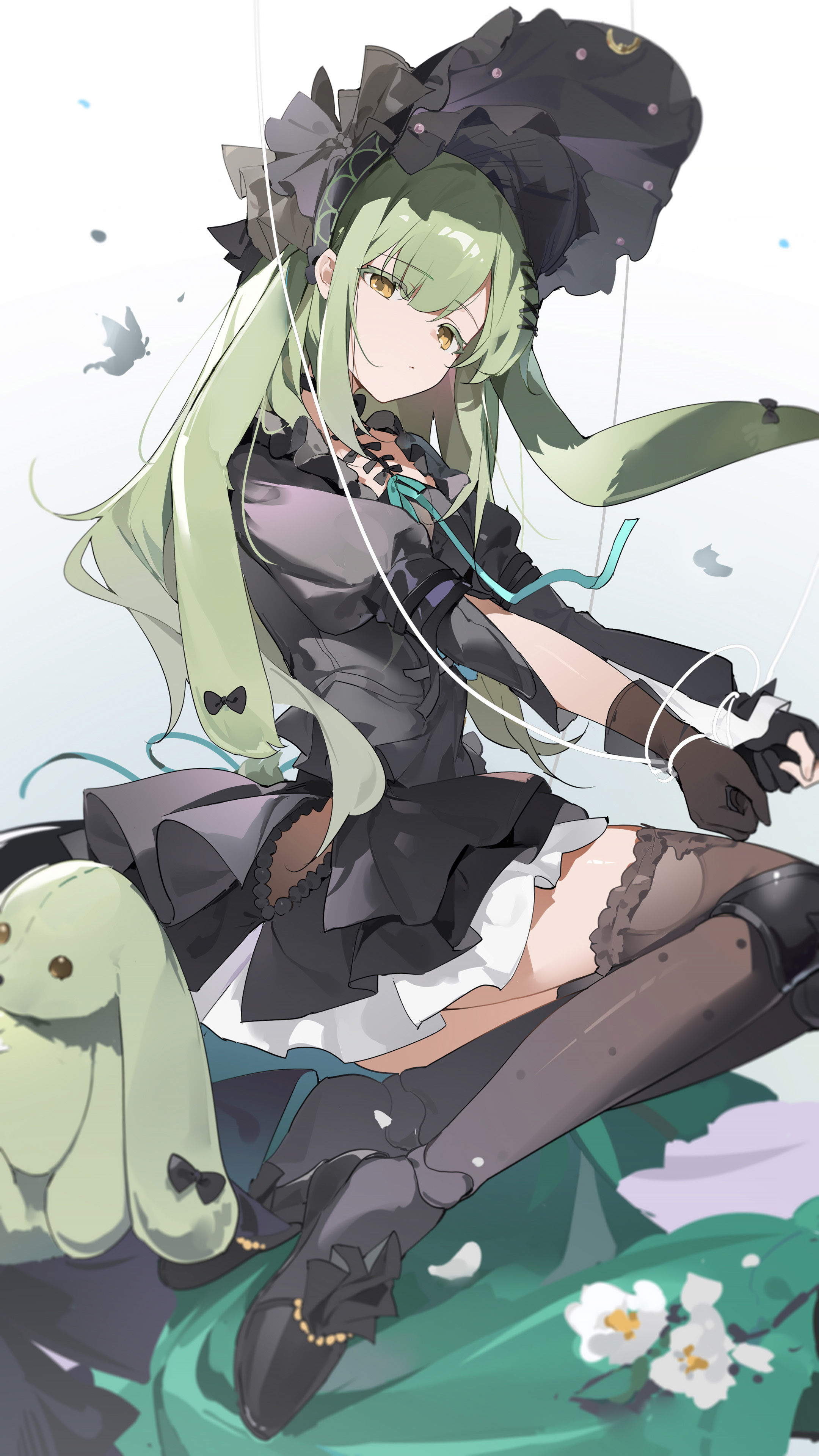 teketi, original, absurdres, highres, 1girl, animal ears, black dress, black gloves, black thighhighs, bound, bound wrists, bow, bug, butterfly, closed mouth, doll joints, dress, flower, frilled dress, frills, gloves, gothic lolita, gradient background, green hair, hair bow, hat, insect, joints, knee pads, lolita fashion, long hair, looking at viewer, partially fingerless gloves, puffy sleeves, puppet, rabbit ears, short sleeves, single glove, sitting, solo, string, stuffed animal, stuffed rabbit, stuffed toy, thighhighs