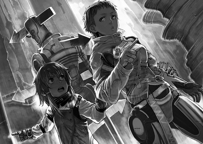 ogata 18, belt, greyscale, monochrome, ogata juuhachi, pointing, short hair, twintails
