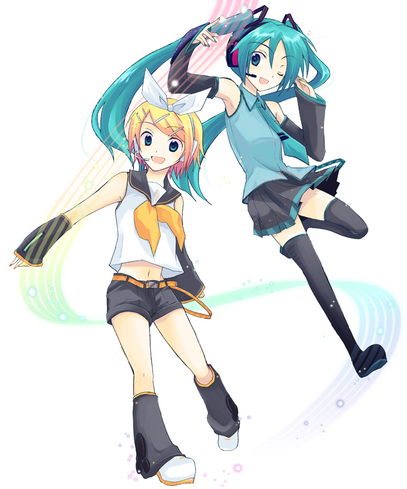 shima tokio, hatsune miku, kagamine rin, vocaloid, bad id, bad pixiv id, 2girls, aqua hair, blonde hair, headset, long hair, multiple girls, thighhighs, twintails, wink