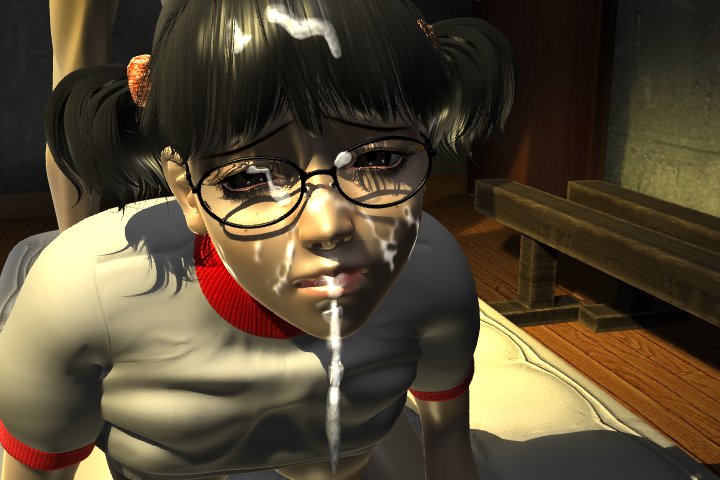 umemaro, shibuya mai, 1girl, 3d, black hair, cum, cum in mouth, cum on eyewear, cum on hair, cumdrip, eye contact, facial, glasses, gym uniform, looking at another, pov, shirt lift, twintails