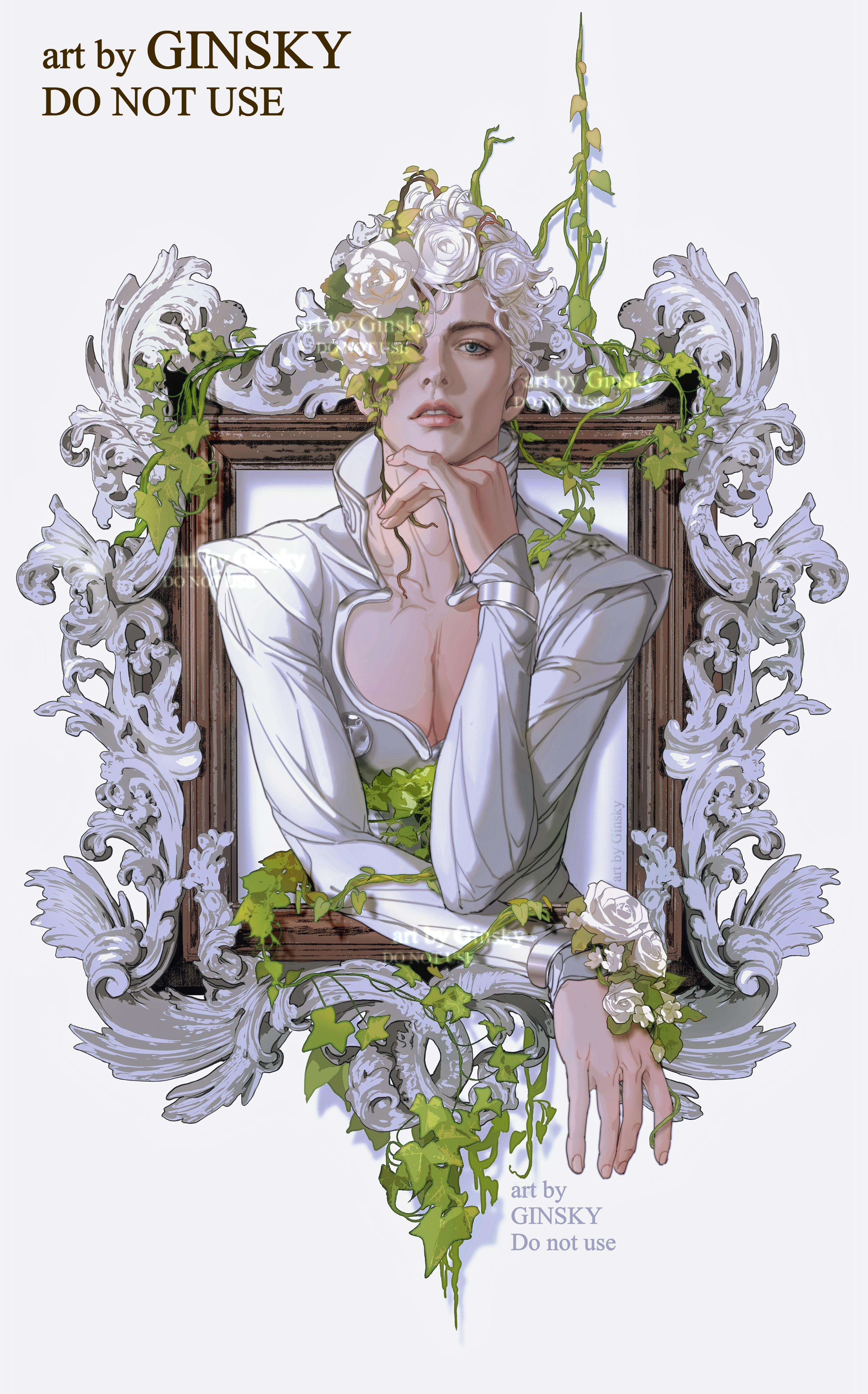 ginsky2000, giorno giovanna, jojo no kimyou na bouken, vento aureo, absurdres, chinese commentary, commentary request, highres, 1boy, alternate costume, alternate hair color, artist name, elbow rest, flower, grey eyes, hair flower, hair ornament, hand to own mouth, jacket, looking at viewer, male focus, parted lips, picture frame, short hair, simple background, solo, through medium, through painting, watermark, white background, white flower, white jacket