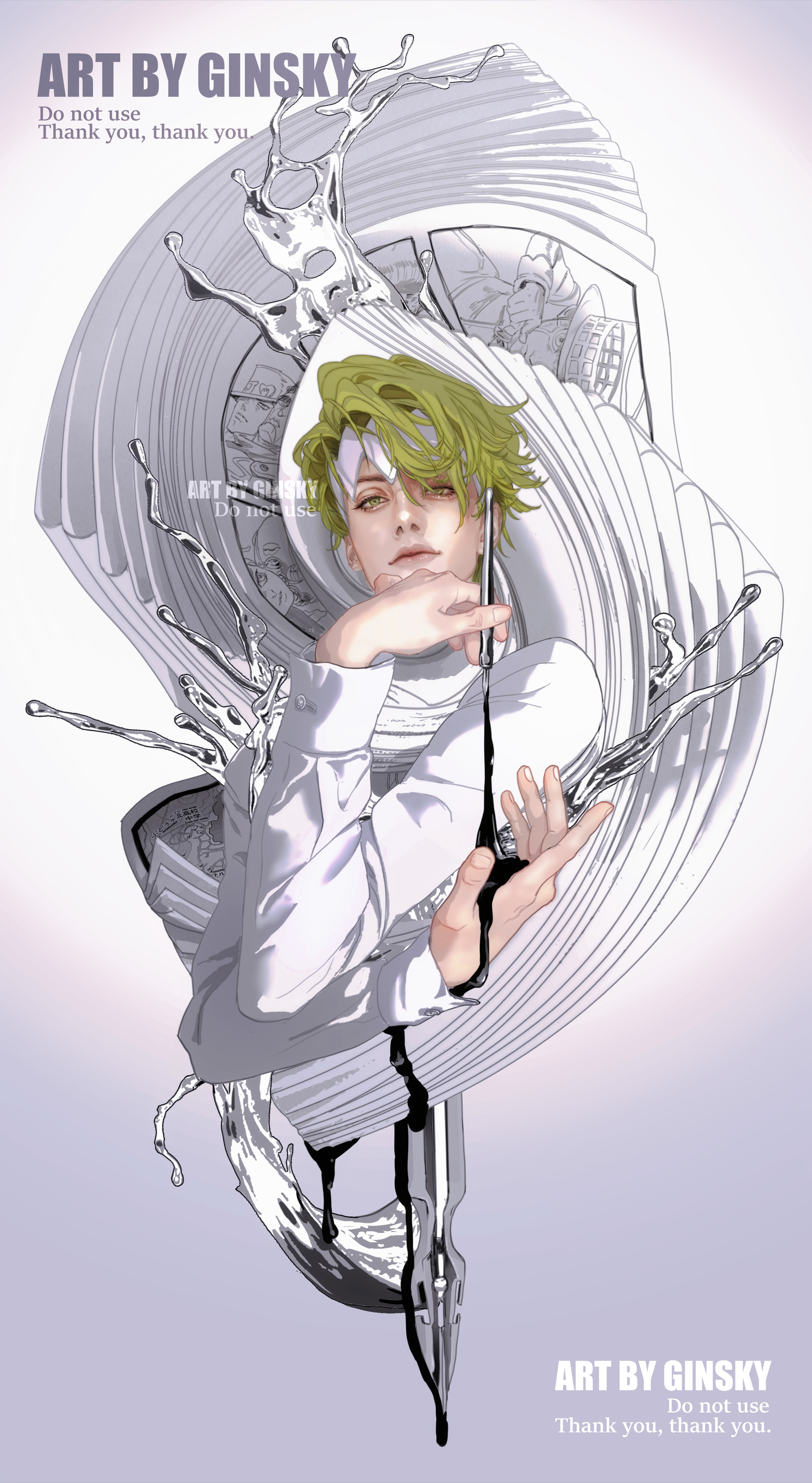 ginsky2000, echoes (stand), heaven's door, higashikata josuke, hirose koichi, kishibe rohan, kuujou joutarou, star platinum, diamond wa kudakenai, jojo no kimyou na bouken, absurdres, highres, 1boy, artist name, cropped torso, gradient background, green eyes, green hair, headband, holding, holding pen, ink, liquid, looking at viewer, male focus, map, nib pen (object), pen, shirt, short hair, simple background, solo, stand (jojo), watermark, white headband, white shirt