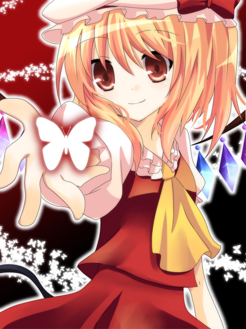 kokoro na, flandre scarlet, touhou, bad id, bad pixiv id, 1girl, blonde hair, blouse, bug, butterfly, female focus, gradient background, hair between eyes, hat, insect, mob cap, red background, red eyes, shirt, solo, standing, white hat, white shirt, wings