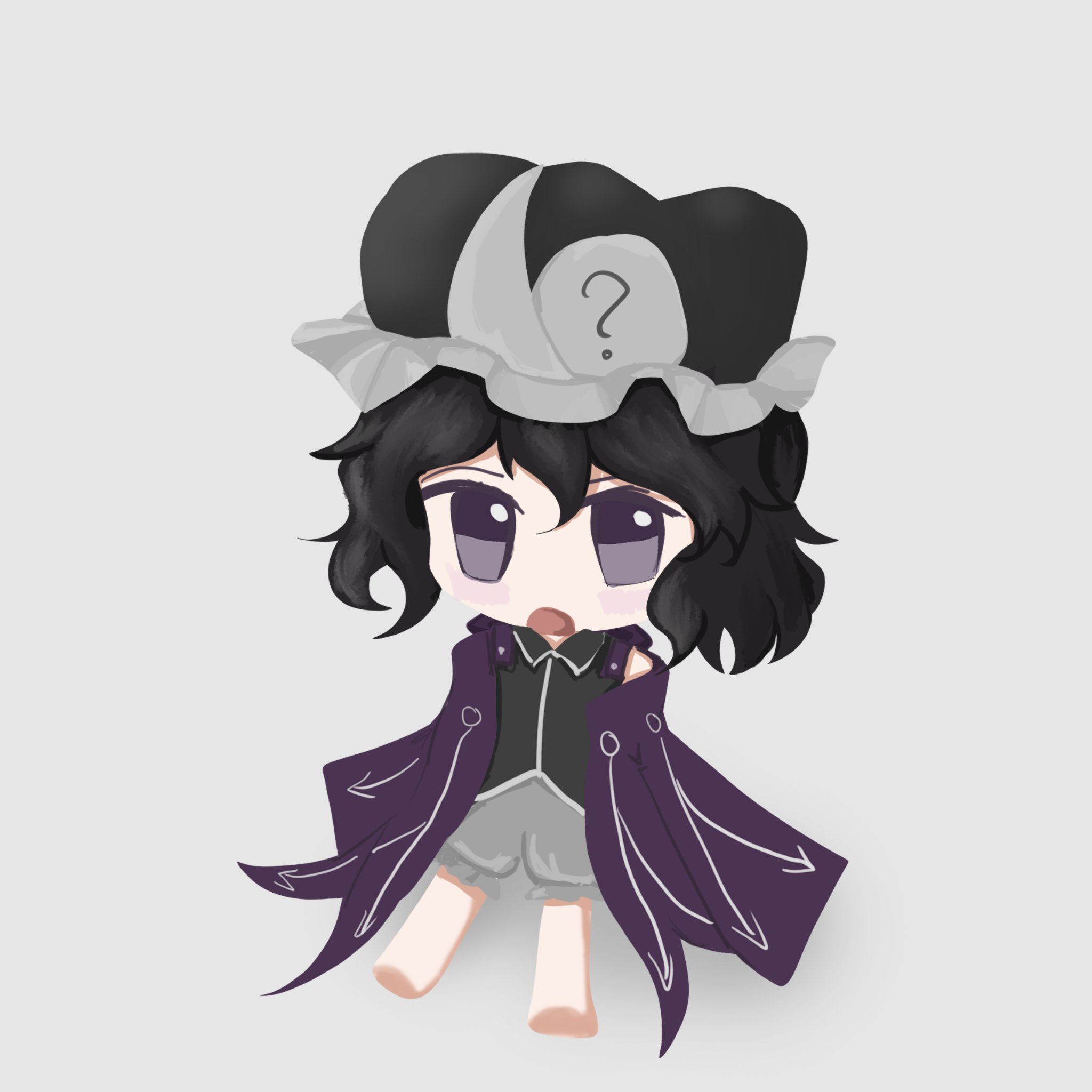 shitodo kuroji, len'en, highres, 1other, ?, androgynous, arrow print, bare legs, barefoot, black hair, black hat, black shirt, blush stickers, chibi, clothing cutout, coattails, collared shirt, frilled headwear, frilled shorts, frills, grey background, grey shorts, hair between eyes, hat, hood, hood down, hooded jacket, jacket, long sleeves, looking at viewer, mob cap, open clothes, open jacket, open mouth, other focus, puffy shorts, purple eyes, purple jacket, shadow, shengjianglanse, shirt, short hair, shorts, shoulder cutout, simple background, single bare shoulder, sitting, sleeves past fingers, sleeves past wrists, solo, triangular headpiece, wavy hair, wide sleeves, zipper