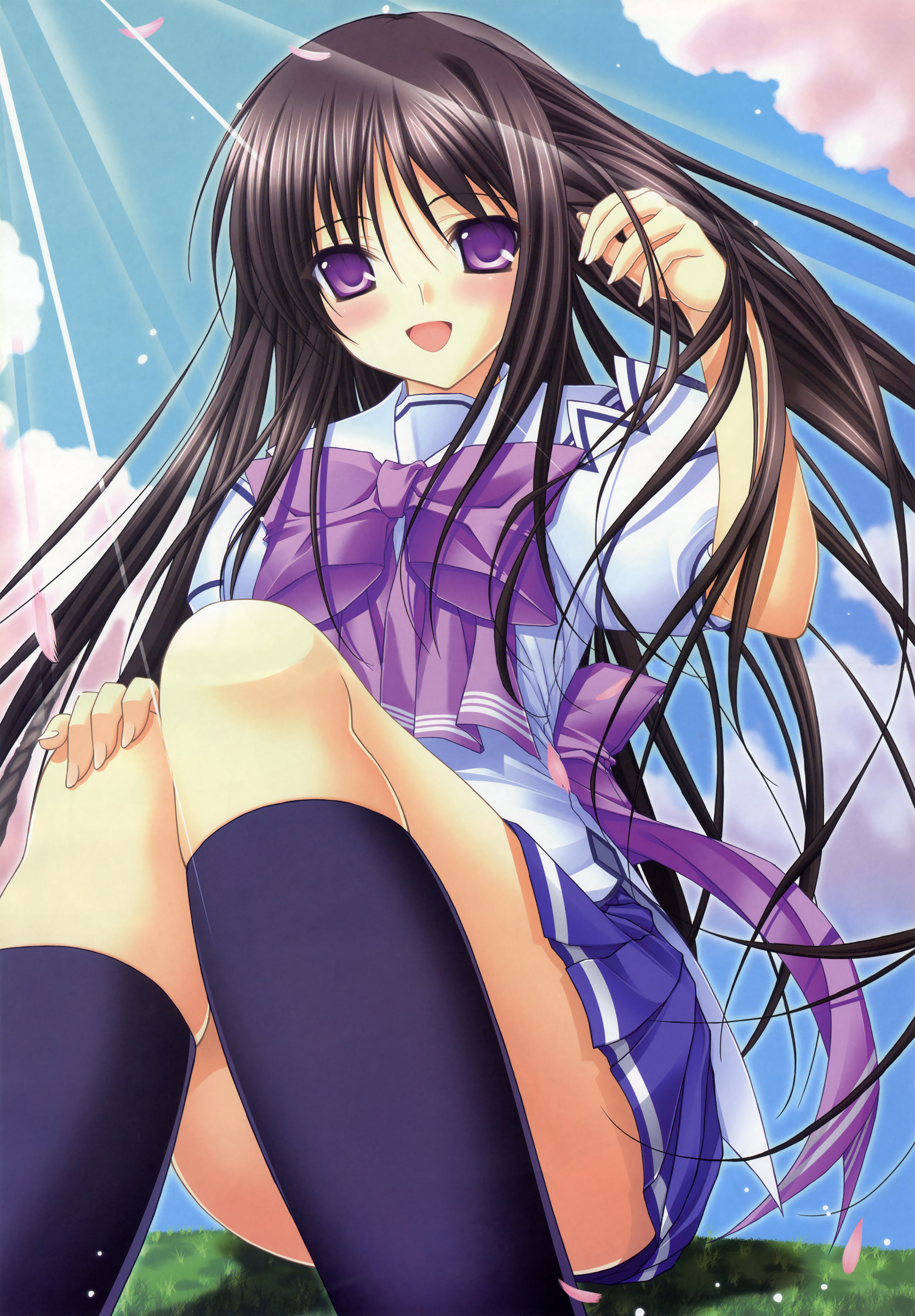inuzumi masaki, hoshino miyako, step x steady, absurdres, highres, 1girl, black hair, blush, female focus, kneehighs, long hair, open mouth, purple eyes, ribbon, school uniform, serafuku, sitting, skirt, socks, solo
