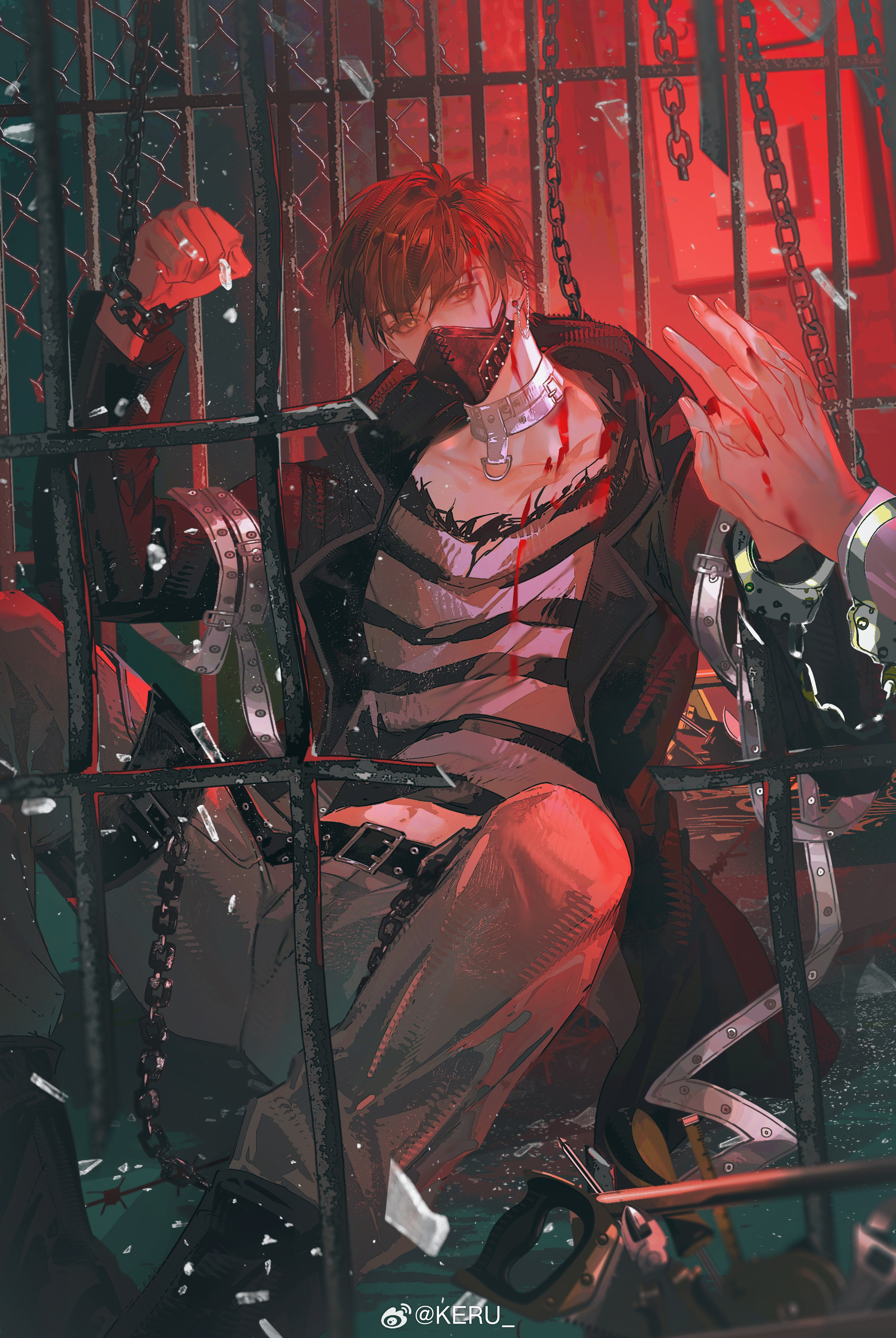 keru233, bai qi (love and producer), love and producer, absurdres, chinese commentary, highres, 1boy, belt, black belt, black boots, black jacket, black mask, black shirt, blood, blood on clothes, boots, bound together, broken bars, brown eyes, brown hair, chain, chain-link fence, chained wrists, clenched hand, collar, collarbone, covered mouth, cuffs, ear chain, earrings, feet out of frame, fence, glass shards, grey pants, hand saw, handcuffs, hood, hood down, hooded jacket, iron bars, jacket, jewelry, linked piercing, long sleeves, looking at viewer, male focus, mask, midriff peek, mouth mask, on floor, open clothes, open jacket, out of frame, palms together, pants, piercing, pliers, prison, prison clothes, prisoner, red light, saw, screwdriver, shirt, short hair, sideways glance, sitting, solo, spread legs, striped clothes, striped shirt, stud earrings, thigh belt, thigh strap, toolbox, torn clothes, torn shirt, v-shaped eyebrows, watermark, weibo watermark, white collar, white shirt, wrench