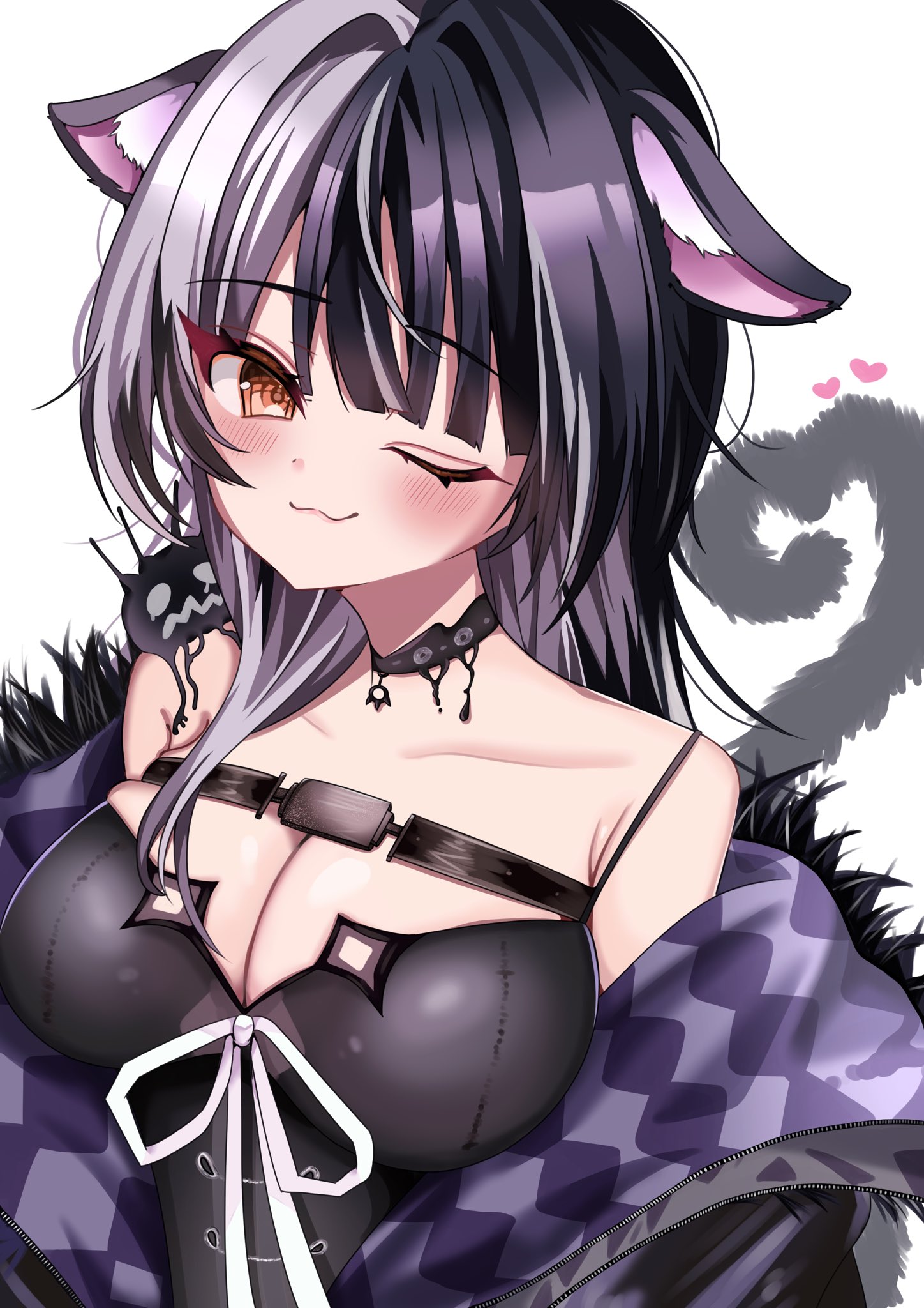 xiaoyoi, shiori novella, yorick (shiori novella), hololive, hololive english, highres, 1girl, ;3, animal ears, black choker, black coat, black dress, black hair, breasts, cat ears, cat girl, cat tail, choker, cleavage, closed mouth, coat, dress, fur-trimmed coat, fur trim, grey hair, heart, large breasts, long hair, multicolored hair, one eye closed, purple coat, ribbon, solo, split-color hair, tail, two-sided coat, two-sided fabric, two-tone hair, virtual youtuber, white background, white ribbon, yellow eyes