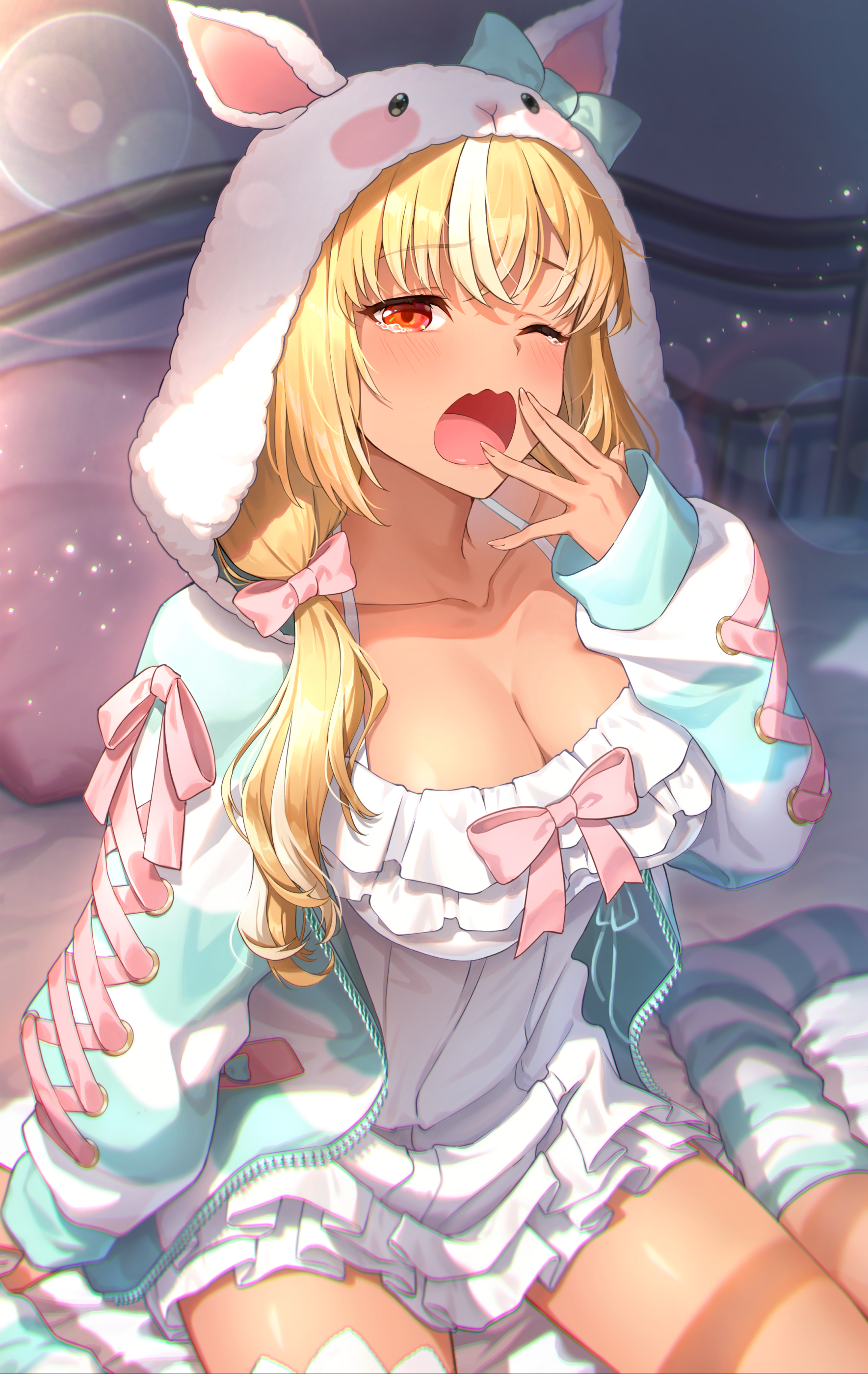 dero (eka56921), shiranui flare, shiranui flare (loungewear), hololive, absurdres, commentary request, highres, 1girl, ;o, animal hood, aqua jacket, aqua socks, blonde hair, blurry, bow, breasts, cleavage, collarbone, cross-laced clothes, cross-laced sleeves, dark-skinned female, dark elf, dark skin, depth of field, elf, frilled nightgown, fur jacket, hair bow, hood, jacket, large breasts, long hair, looking at viewer, multicolored hair, nightgown, official alternate costume, one eye closed, open mouth, pink bow, pointy ears, rabbit hood, red eyes, sitting, sleepy, socks, solo, streaked hair, striped clothes, striped jacket, striped socks, tears, wariza, white hair, white nightgown, yawning
