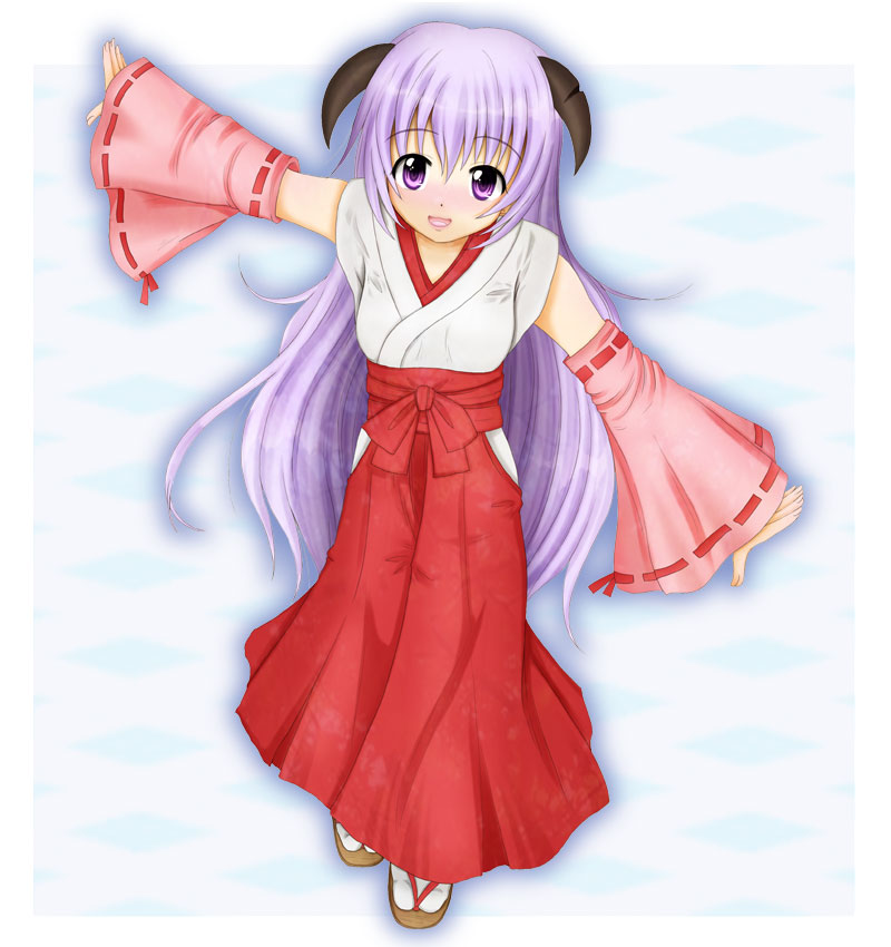mazakura senju, hanyuu, higurashi no naku koro ni, light purple hair, 00s, 1girl, blush, detached sleeves, female focus, full body, hakama, hakama skirt, horns, japanese clothes, long hair, miko, open mouth, purple eyes, red hakama, sandals, skirt, socks, solo, very long hair