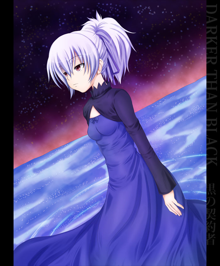 mazakura senju, yin (darker than black), darker than black, light purple hair, 00s, 1girl, blue dress, dress, female focus, night, ponytail, red eyes, sky, solo, turtleneck, wading, water
