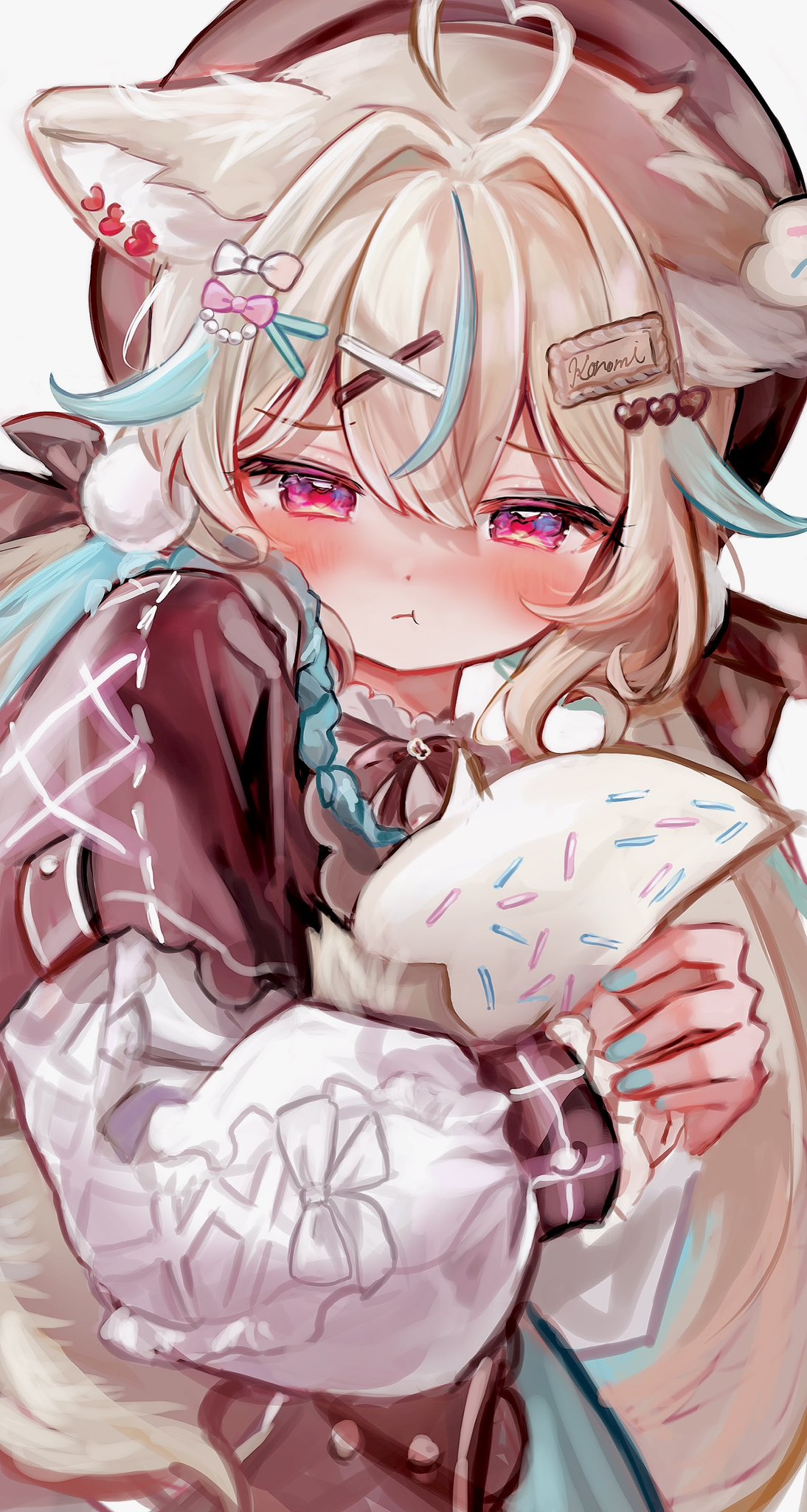 rachip, amakami konomi, highres, 1girl, :t, animal ears, blonde hair, blue hair, blue nails, blush, hair ornament, hairclip, hugging object, long hair, low twintails, million production, multicolored hair, pout, solo, twintails, virtual youtuber, white background