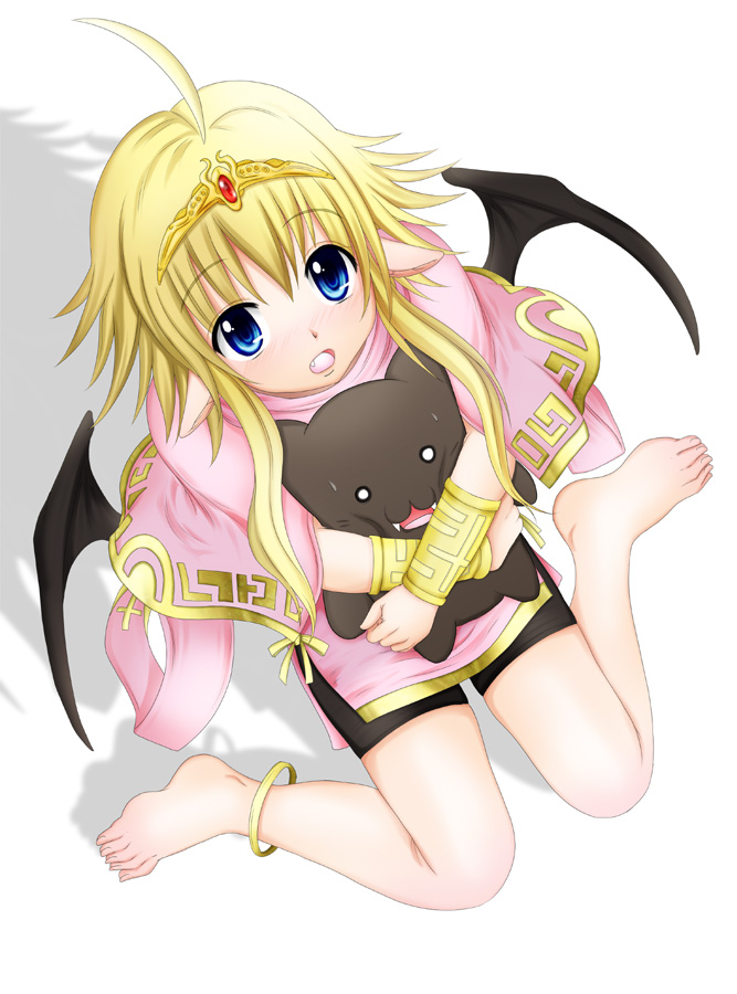 mazakura senju, original, bad id, bad pixiv id, 1girl, ahoge, anklet, barefoot, bike shorts, blonde hair, blue eyes, feet, female focus, flat chest, jewelry, solo, stuffed animal, stuffed toy, wings